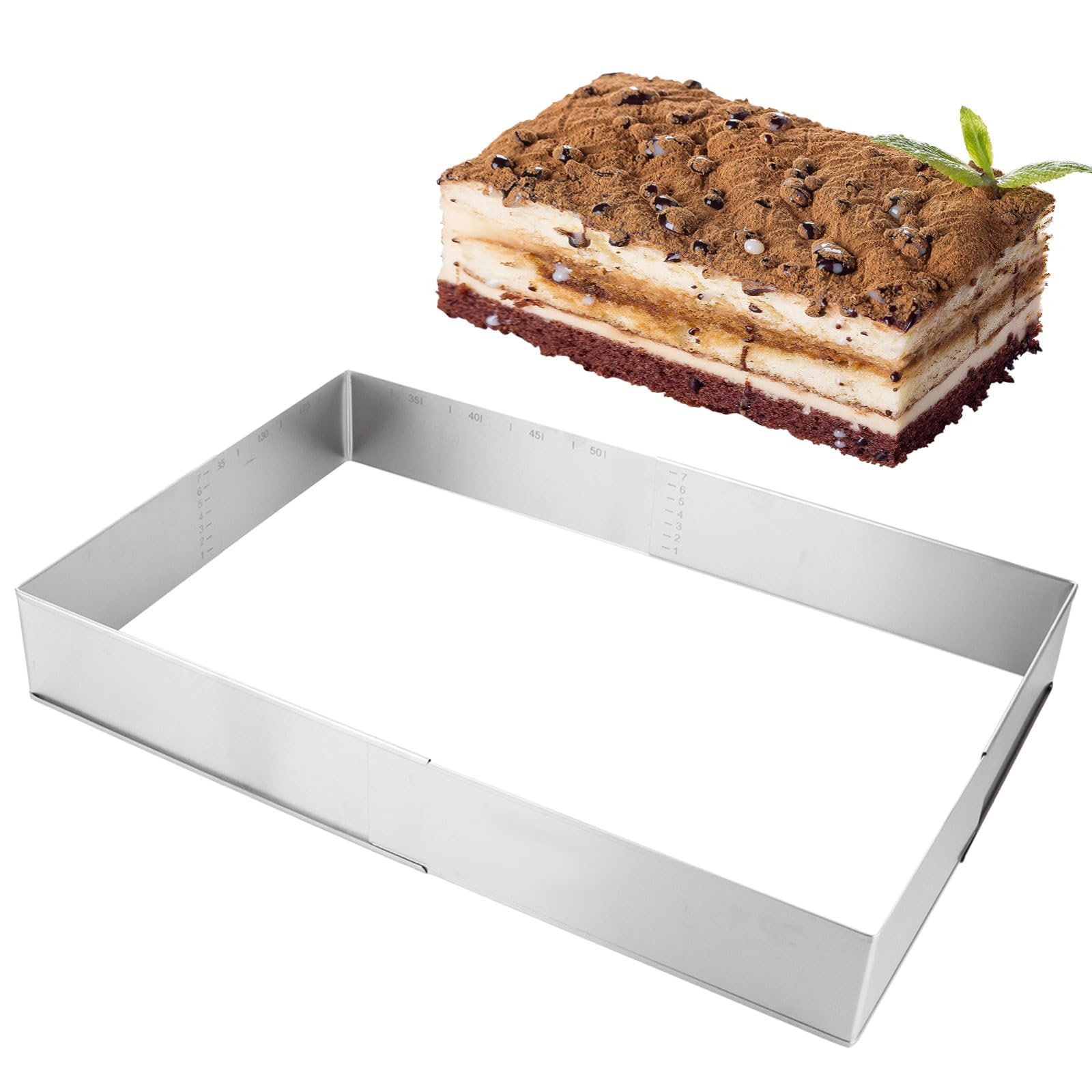 Rdddhur Stampo Rettangolare Torta, Anello per Torte Regolabile Rettangolare Tortiera da Forno,Anello Torta, Anello per Dolci in Acciaio Inox per Torte Crostate Pizze Fai da Te(Altezza: 10 cm