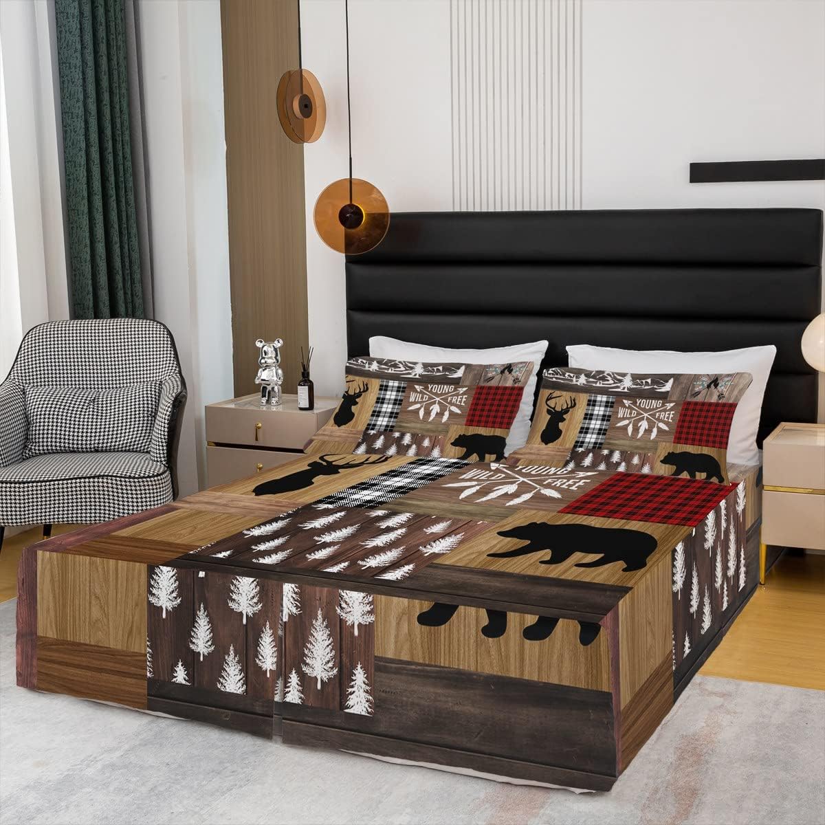 Retro Cabin Bed Skirt with Split Corners, Rustic Adventure Bear Deer Bed Skirts Hunting Wildlife Wild Animal Bedskirt Plaid Lodge Farmhouse Bedding Western Country Decor + 2 Pillow Cases, Queen Size