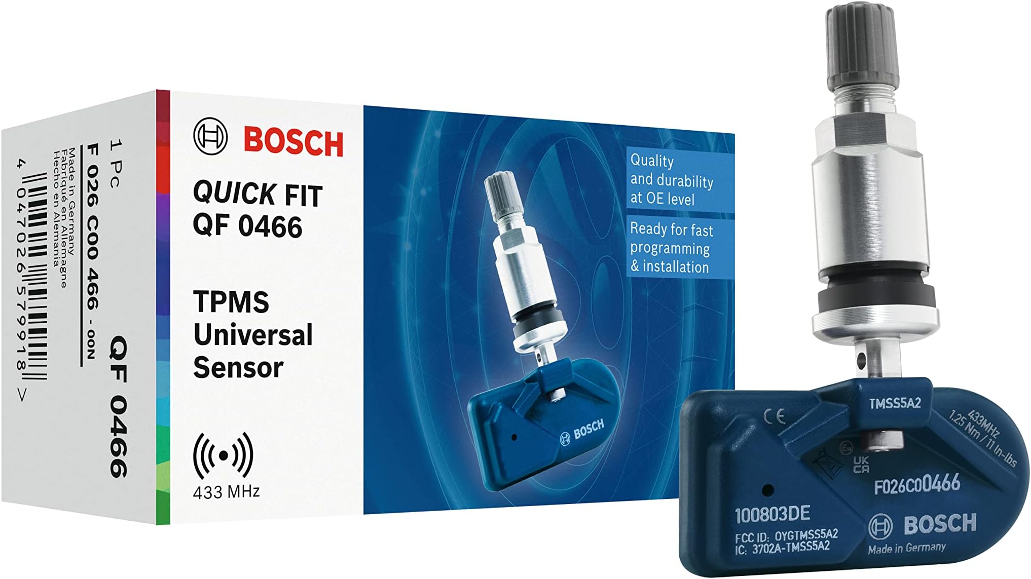 Bosch F026C00466 - QF0466 - Quick FIT Programmable TPMS Sensor - Tire Pressure Sensor with Silver Metal Valve - 433.92 MHz