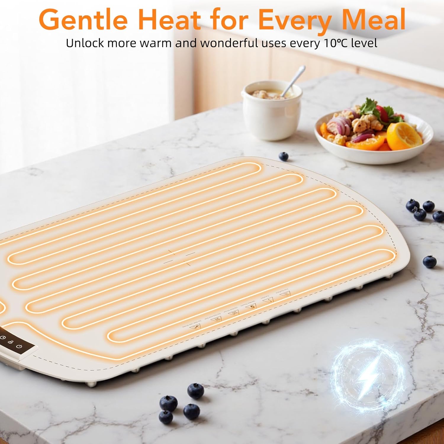 Food Warming Mat, 10s Fast Heating Silicone with 7-Level Adjustable Temp (Up to 212℉) with Child Lock & Timer, Rollable Portable for Buffet, Party, Kitchen, Beige
