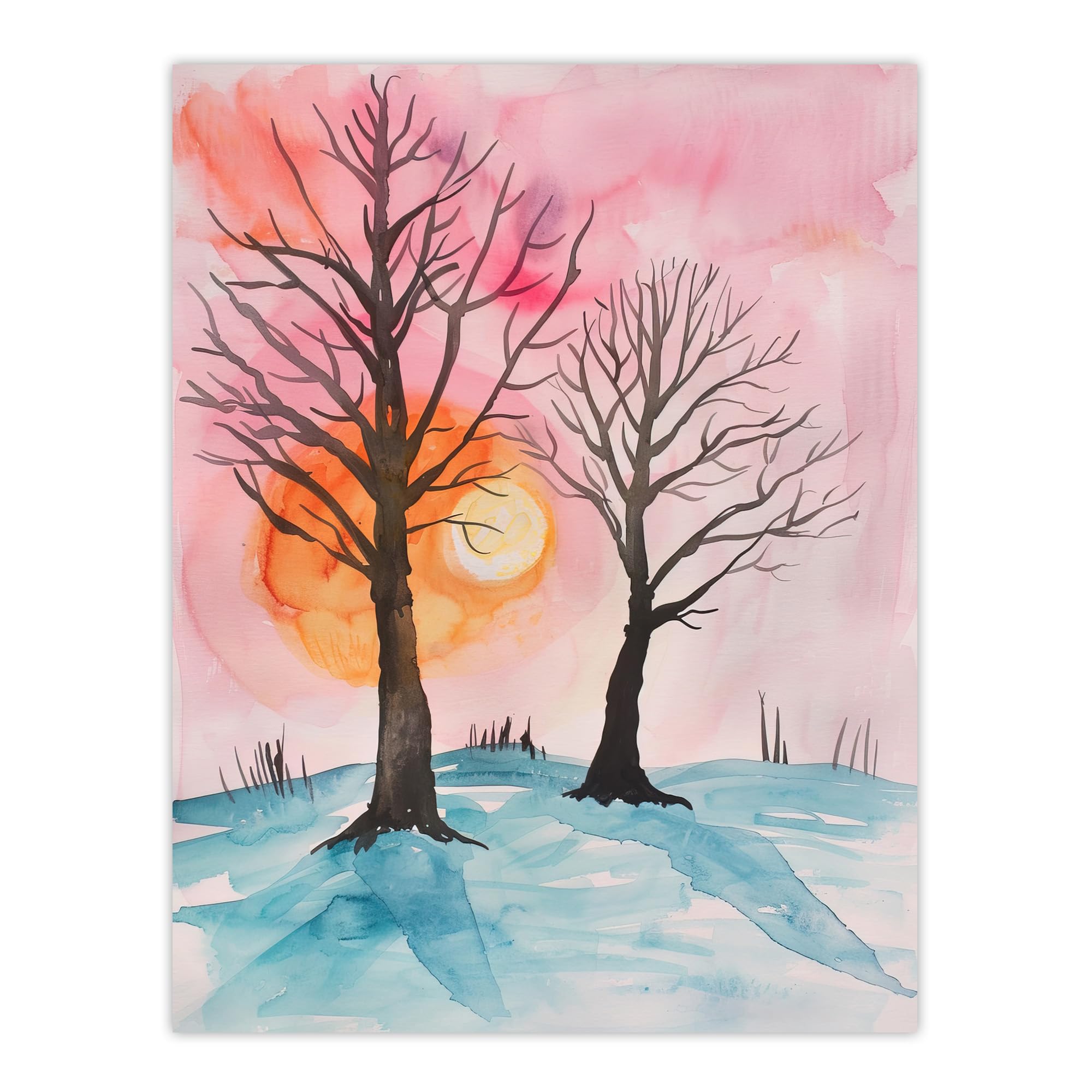 Artery8 Two Trees Misty Sunset Winter Snow Landscape Living Room Extra Large XL Wall Art Poster Print