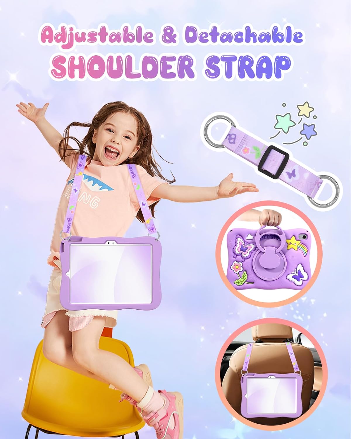 Kidcube for iPad 10th Generation Case 10.9 Inch 2022, for iPad A16 Case 11th Generation 2025 - Girls Cute Kawaii Girly 3D Purple Butterfly Design Cover with Rotating Stand & Strap Unique Silicone