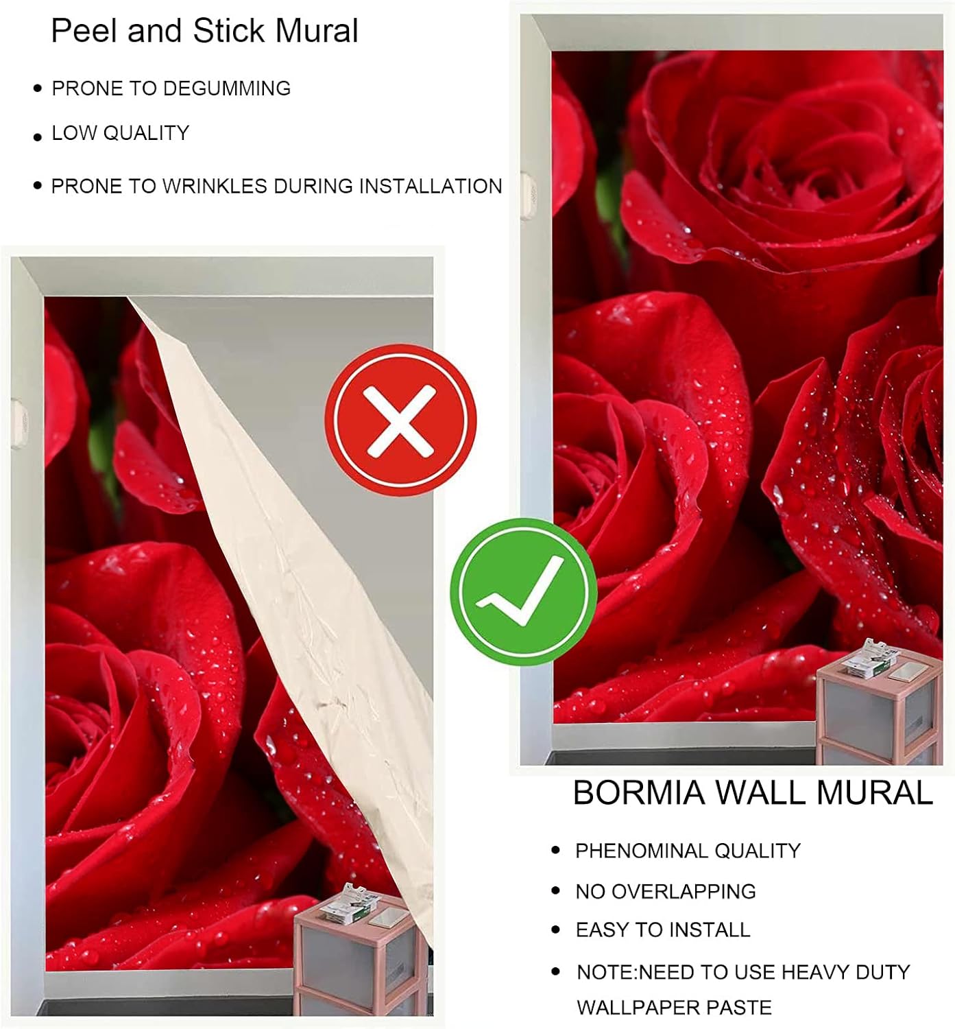 Bormia Floral Wall Mural 3D Red Rose Wallpaper Flowers for Walls Living Room Bedroom TV Background Kids Girls Rooms Decoration
