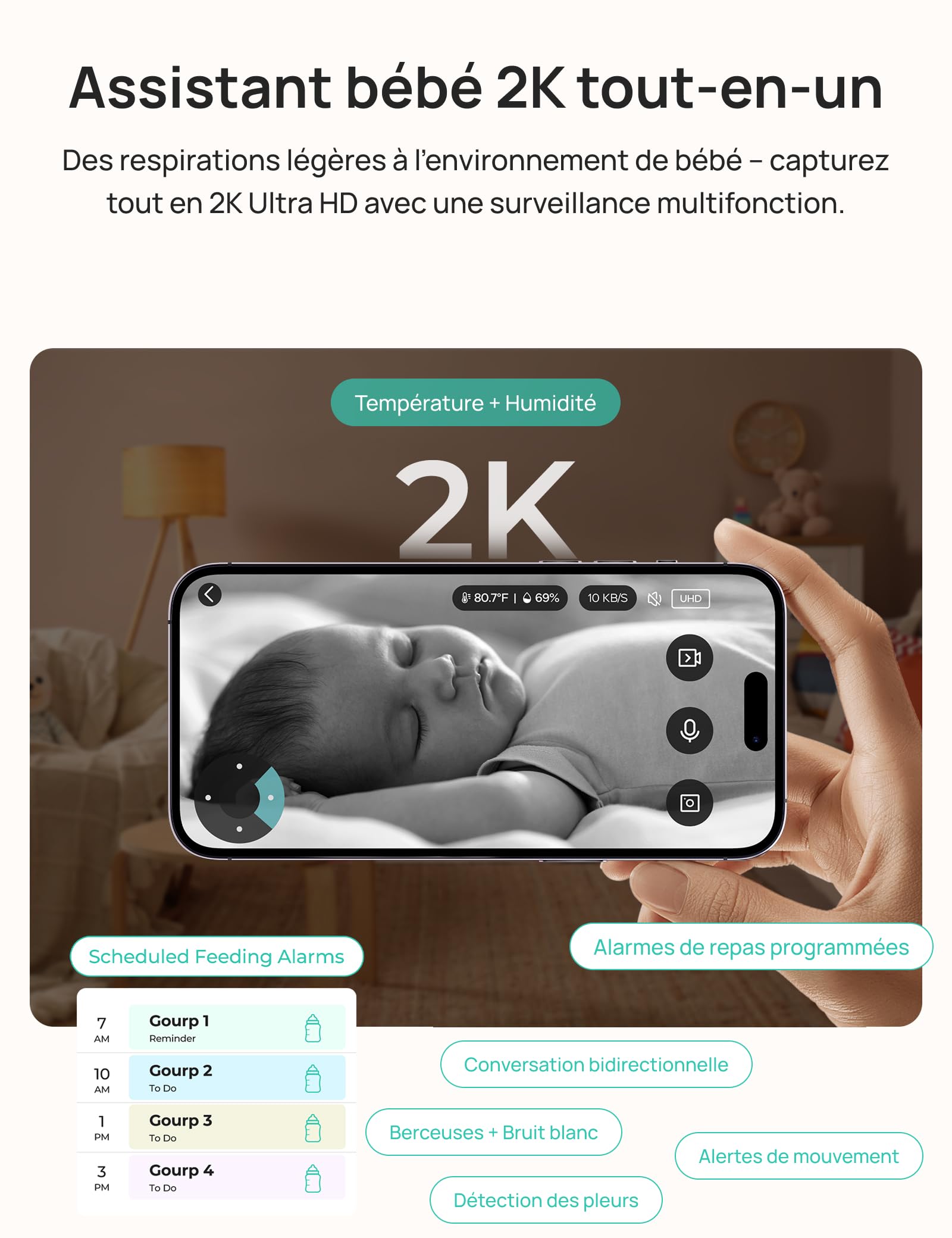Dr.Care LumiView Plus Moniteur Bébé WiFi avec 2 Caméras – Écran 5,5" 1080P & 2K, Batterie Amovible 5000 mAh, Mode Confidentialité, Veilleuse RGB, Vision Nocturne HD, Alerte Pleurs & Mouvements