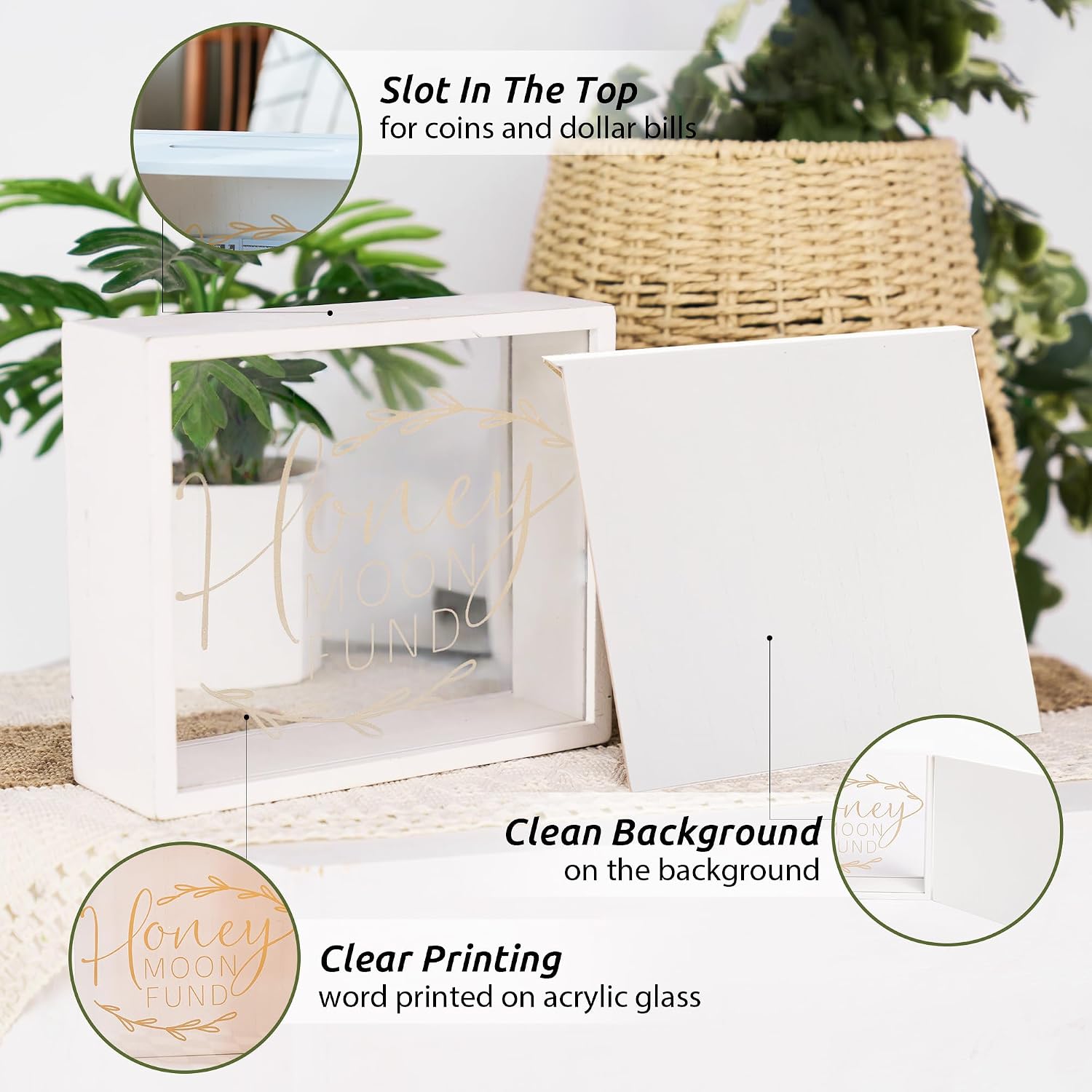Defined Deco 9.25"x9.25" Honeymoon Fund Box, White Wood Wedding Money Box,Wedding Card Boxes for Reception,Graduations, Baby and Bridal,