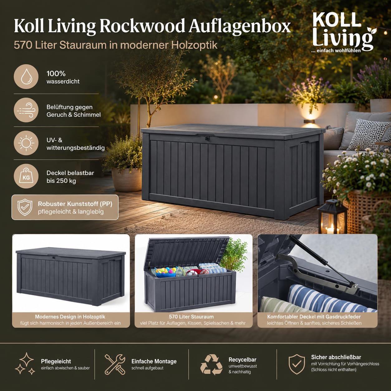 Cassapanca/cuscino Box koll Living 570 litri L 100% impermeabile L uebler con ventilazione non odore/muffa L moderno effetto legno L Deckel portata fino a 250 kg (2 persone)