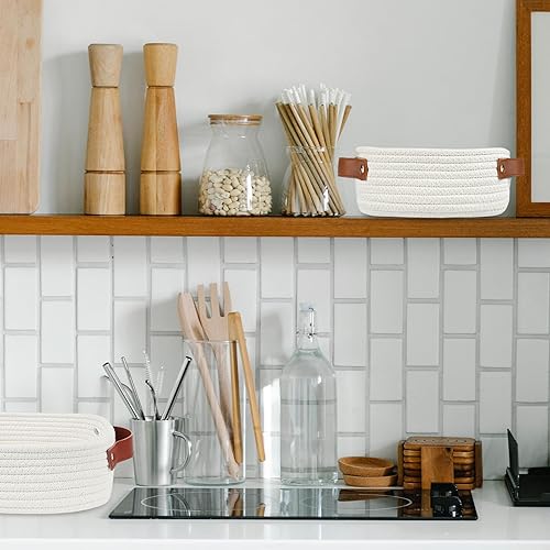 Miniatura 4 de ABenkle Cesta de almacenamiento pequeña, mini cestas, bonita cesta tejida de cuerda para organizar, estante cuadrado con asa, cubo de juguetes