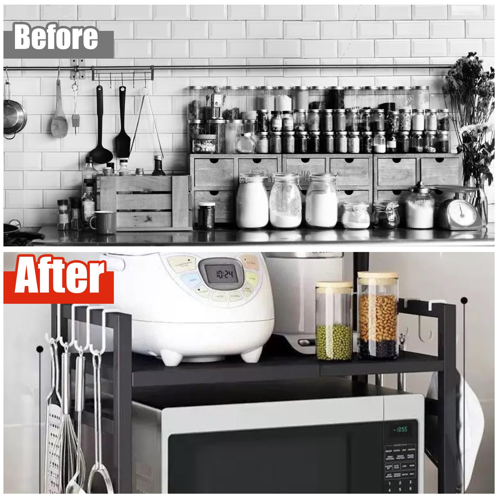 Mensola Microonde, Scaffale Cucina Estensibile 2 Livelli con 6 Ganci, Regolabile Microonde Scaffale, Cucina Salvaspazio Organizzatore Ripiani, Mobiletto Cucina Retrattile 40-64cm
