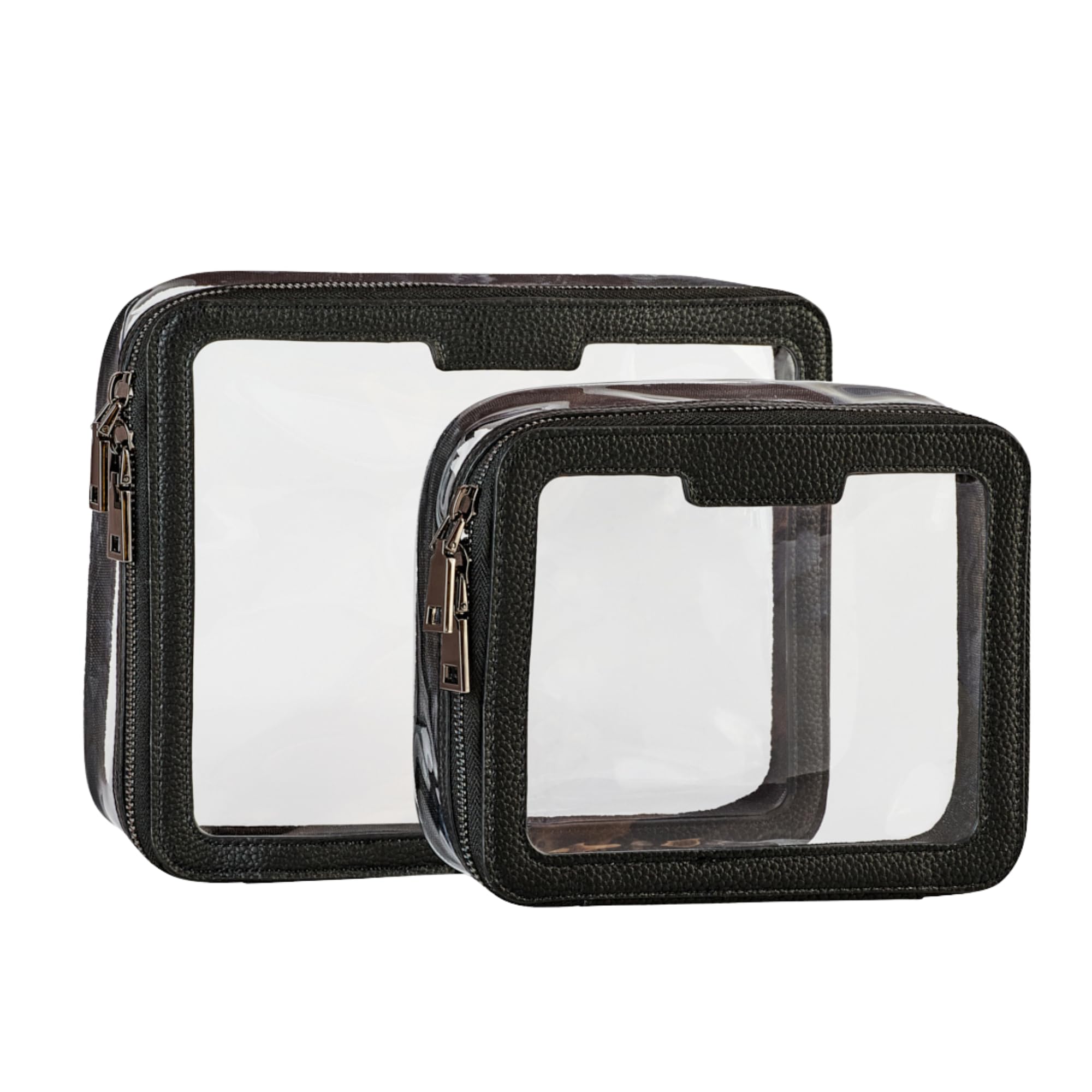 Duo, wasserdichtes Kulturbeutel, Reise-Set, transparenter PVC-Reißverschluss, Kosmetik-Organizer und Make-up-Tasche, 2 Stück, groß und klein, veganes Leder, schwarze Taschen für Damen und Herren