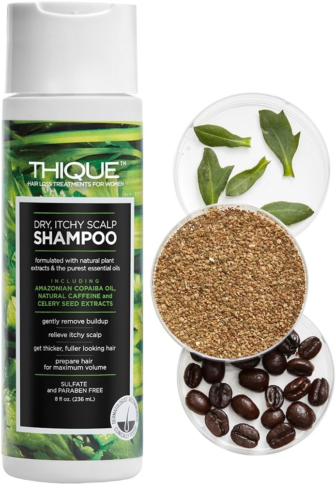 THIQUE Dry, Itchy Scalp Shampoo – Sulfate Free Anti-Dandruff Shampoo for Women – Gentle Cleansing Hair Growth Stimulating Shampoo for Thinning Hair and Hair Loss – Plant Based Dry Scalp Treatment, 8oz