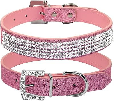 Rhinestone Dog Collar, Cute Dazzling Sparkling Leather Dog Cat Rhinestone Collar Crystal Diamond Pet Dog Puppy Collar M27-35CM, Pink -1