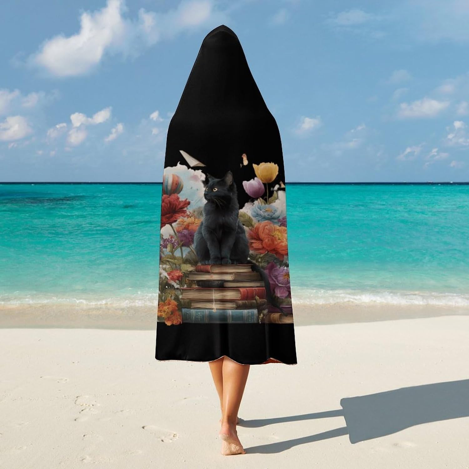 Book Cat Wearable Blanket Oversized Throw Cape | Cozy Hooded Blanket Gifts for Women Men