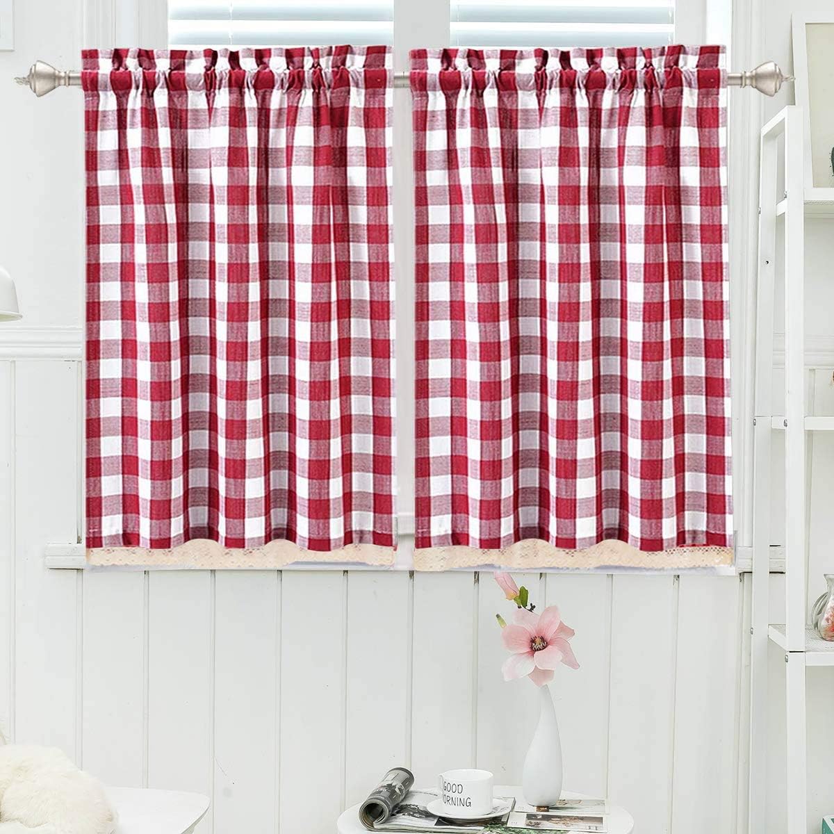 2 Pack Farmhouse Kitchen Curtains, 30 Inch Burgundy Red
