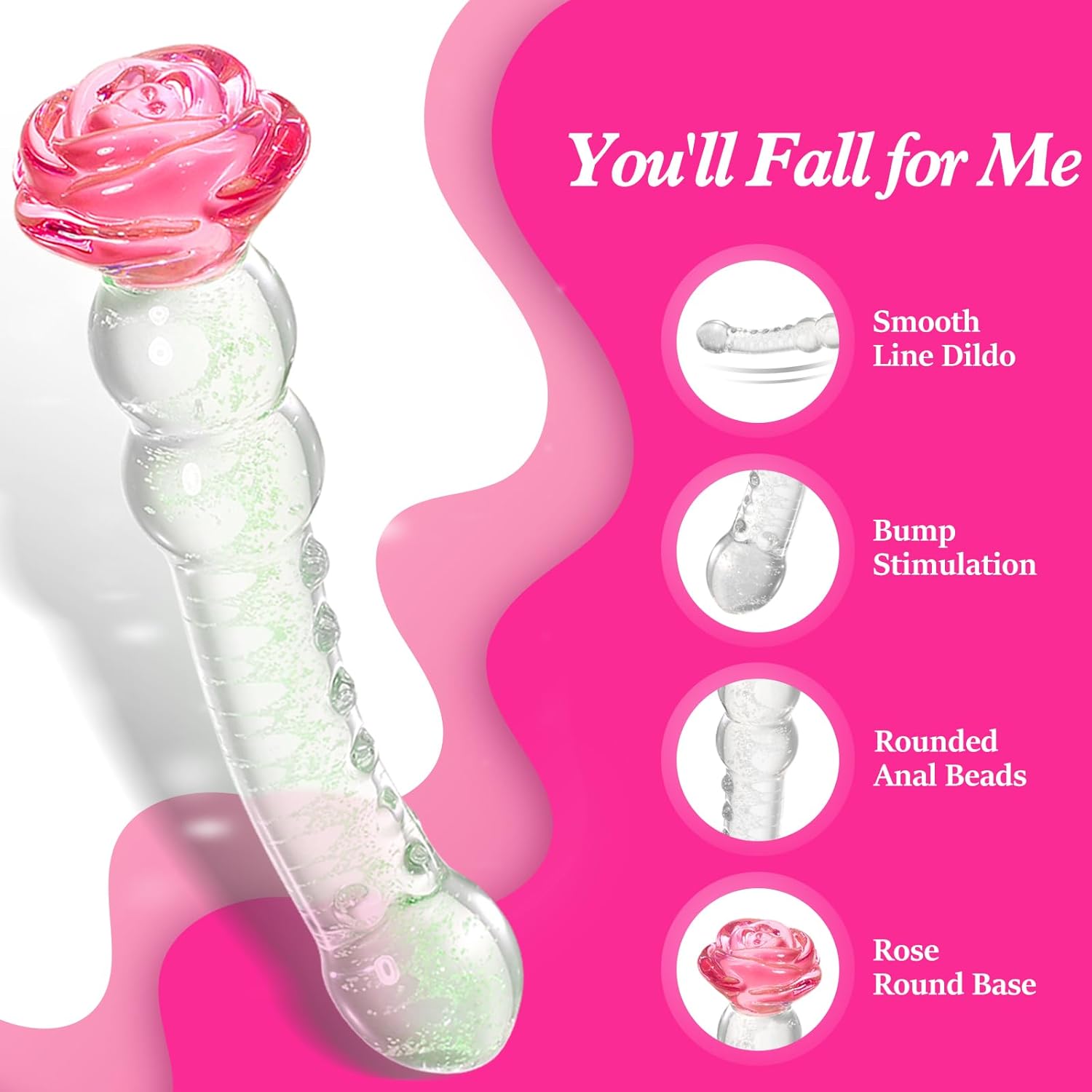 Glass Dildo Rose Adult Tool for Women – Anal Dildo Glow in the Dark Borosilicate Glass Toy for Temperature Play with Anal Beads & Textured Design, 8 Inch Butt Plug for Women (Clear Glow)
