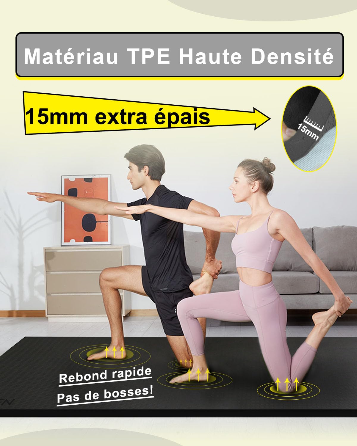 Tapis Sport Fitness Grande 200×130cm 15mm Epais Tapis de Yoga Antidérapant XXL Tapis de Gym Pilates Exercice avec Sac de Yoga