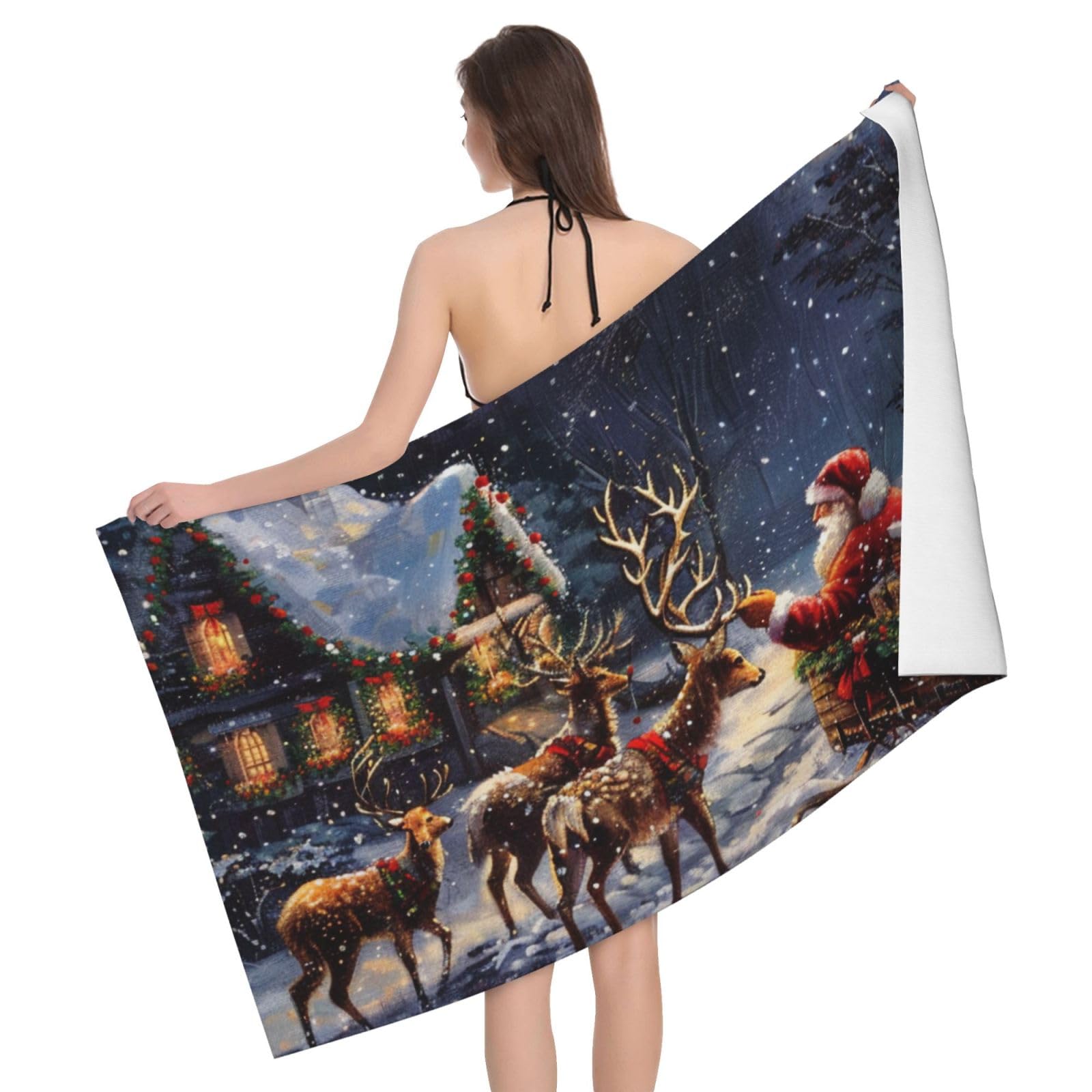 BWWHCCTI Snow Night Santa and Deer Printed Microfiber Quick Dry Bath Towel, Soft Beach Towels for Travel,Camping,Gym,Beach,Swimming,Yoga, 130x80 CM