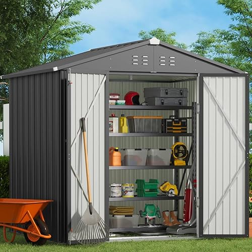 Gizoon Cobertizo de almacenamiento para exteriores de 8 x 6 pies con marco de base de metal, cobertizo de jardín de metal galvanizado con puertas