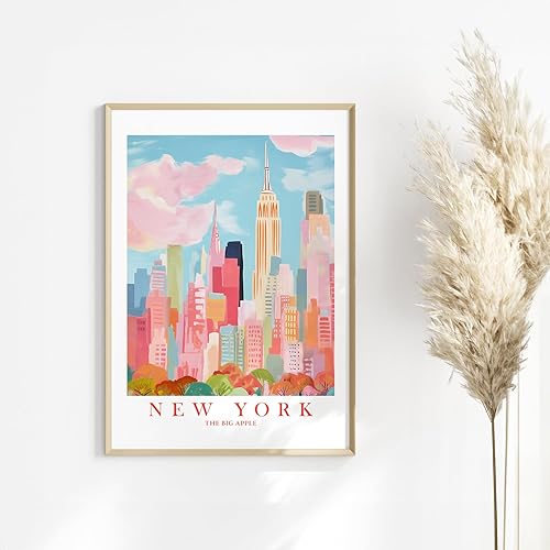 Miniatura 4 de ColorAndFlair Póster retro de viaje de Nueva York con diseño de horizonte rojo, rosa y naranja, pintura de paisaje de recuerdo de la gran manzana
