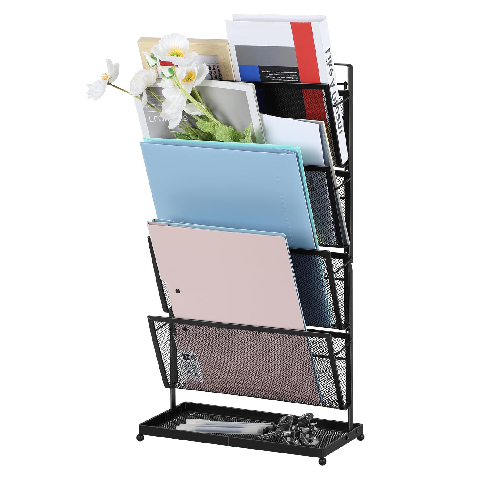 File Organizer for Desk 4 Tier Vertical File Folder Holder Standing Mail Organizer Countertop Paper Magazines Metal Mesh Office Desk Organizer and Accessories with Paper Tray for Office Home, Black
