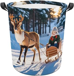 13.8 × 13.8 × 17.3 Inches Collapsible Laundry Baskets Deer Pulling Happy People Printed Waterproof Laundry Hamper Foldable Dirty Clothes Storage Bin for Bathroom Bedroom Office