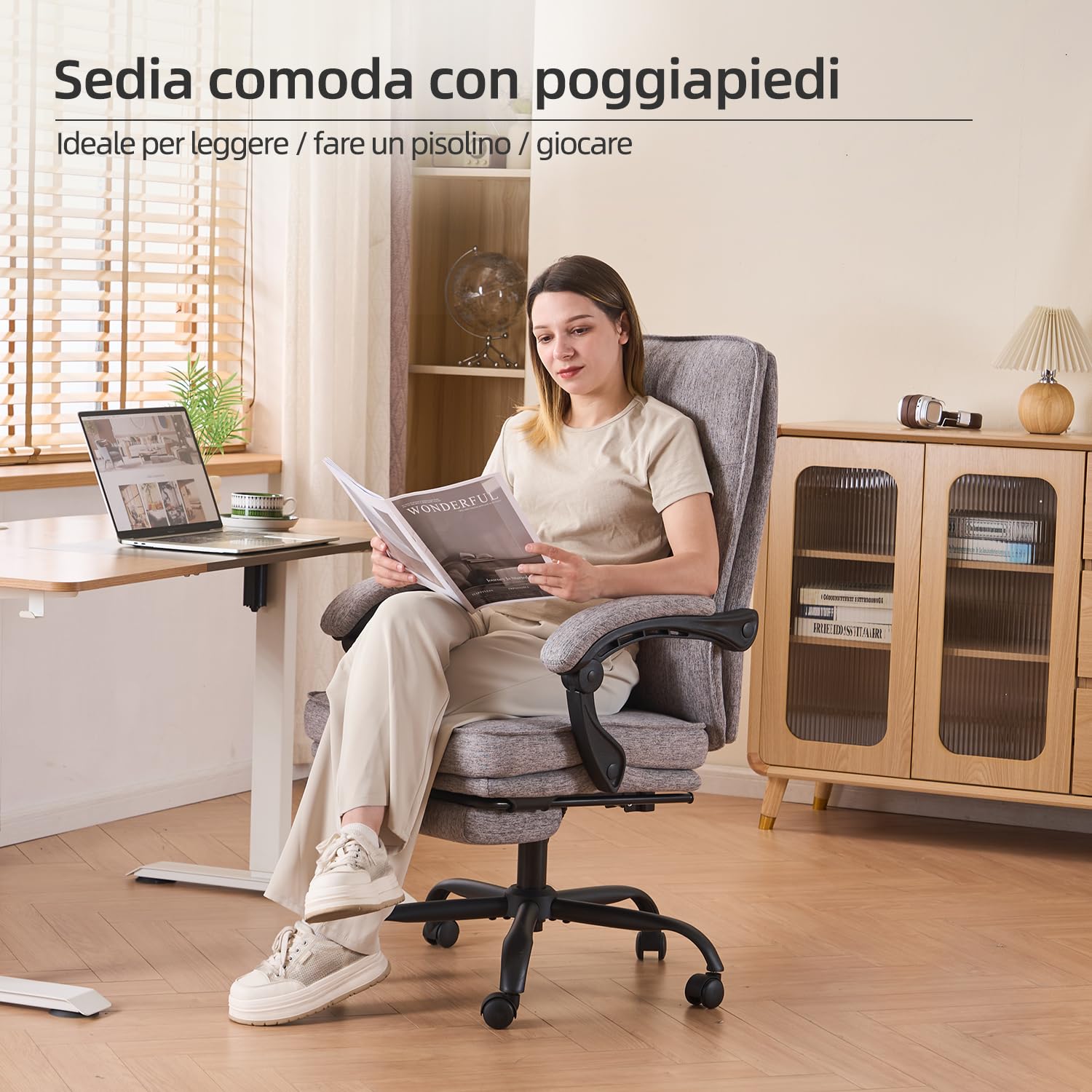 MZLEE Sedia da ufficio ergonomica, sedia da scrivania, sedia direzionale, sedia per computer, ergonomica con poggiapiedi e schienale regolabile 90-135° per ufficio a casa, grigia, in tessuto, 150 kg