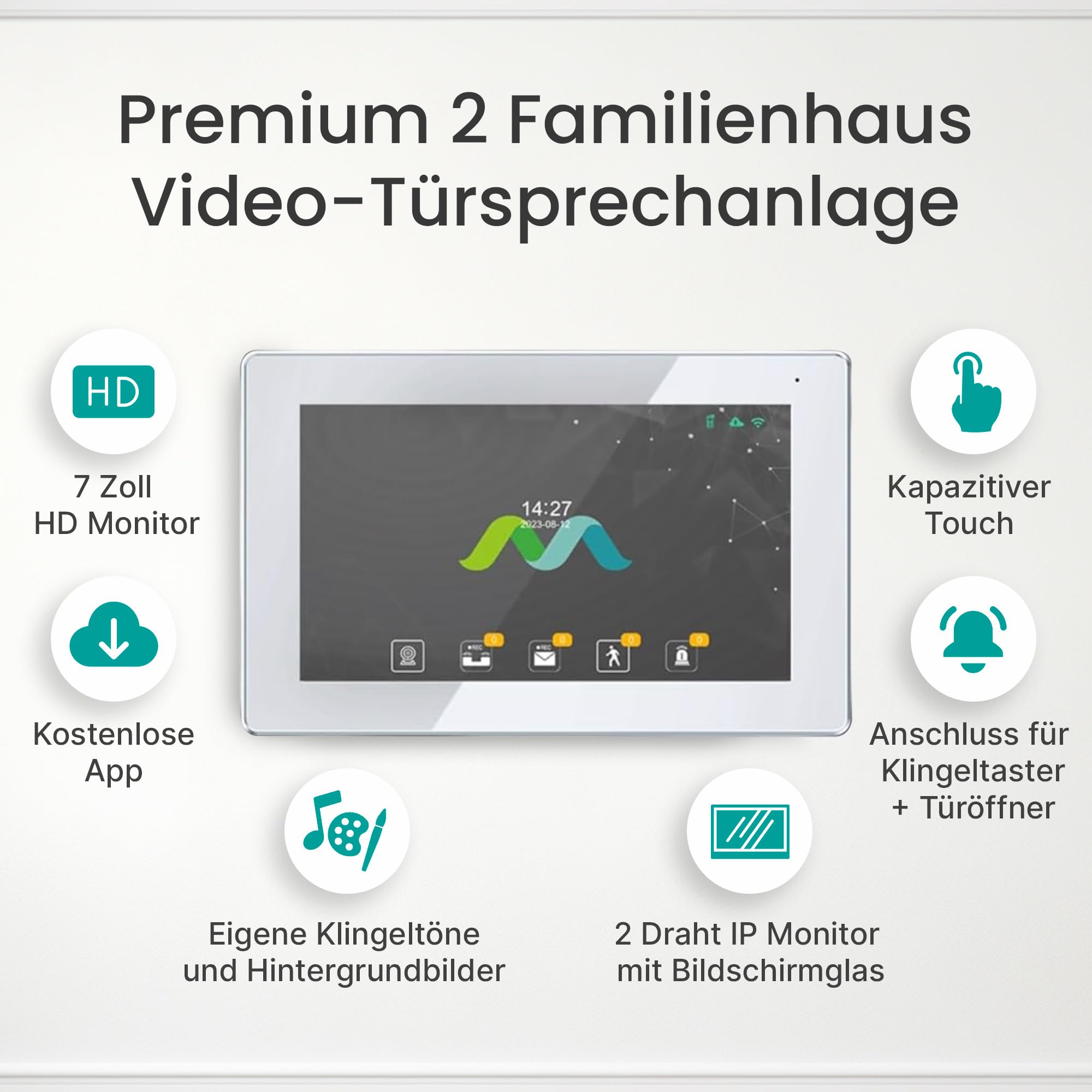 MATHFEL 2 Draht Video Türsprechanlage Einfamilienhaus Full HD mit 2 Jahren Garantie - Einfache 2-Draht-Bus-Installation - 170° Kamera, 1X7-Zoll Touchscreen, WLAN, RFID und Fingerprint Zugangskontrolle