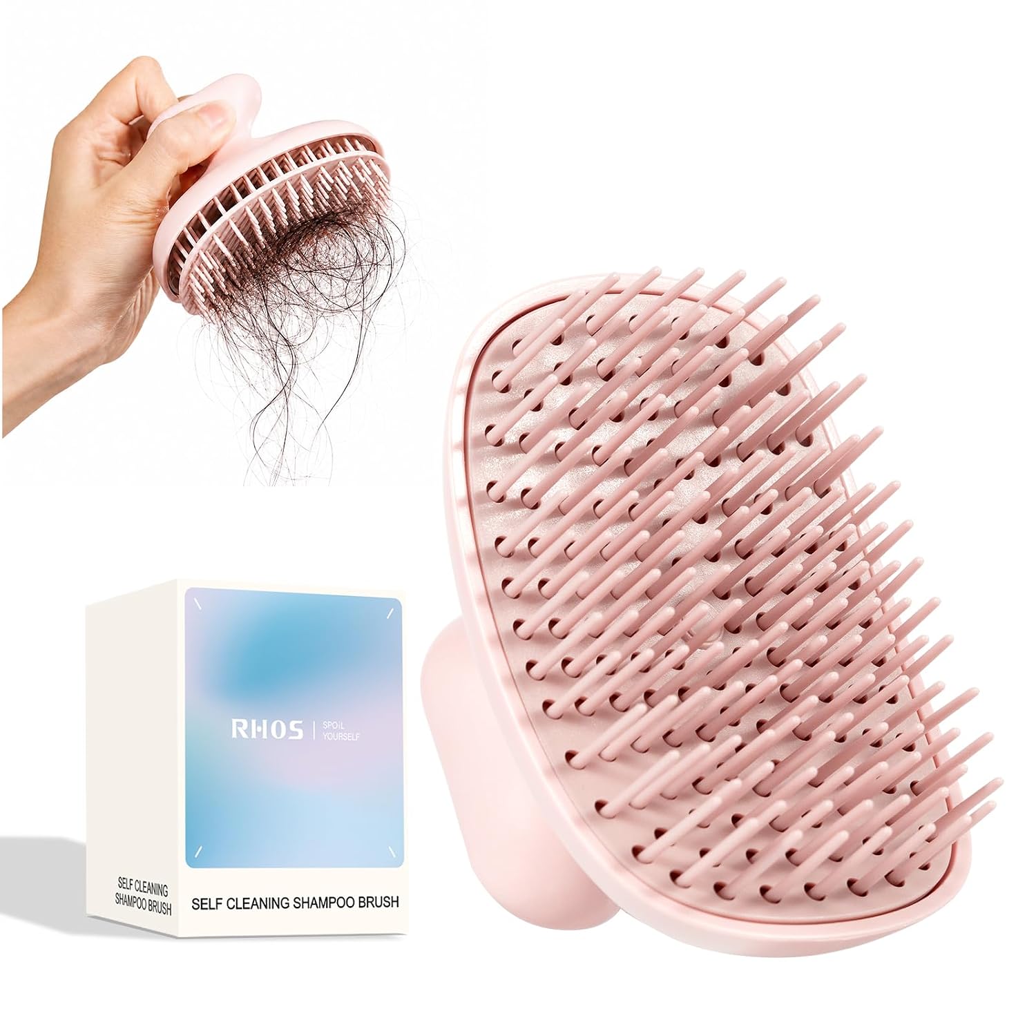 RHOS Self Cleaning Shampoo Brush, Scalp Massager Hair Scrubber (Pink)