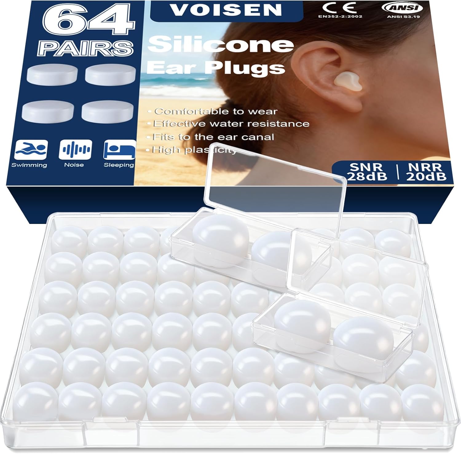 VOISEN Wax Ear Plugs,128 Pcs (64 Pairs) Silicone Ear Plugs Noise,20db NRR,28db SNR Wax Earplugs for Sleeping,Snoring, Swimming, Travel, Concerts and Studying