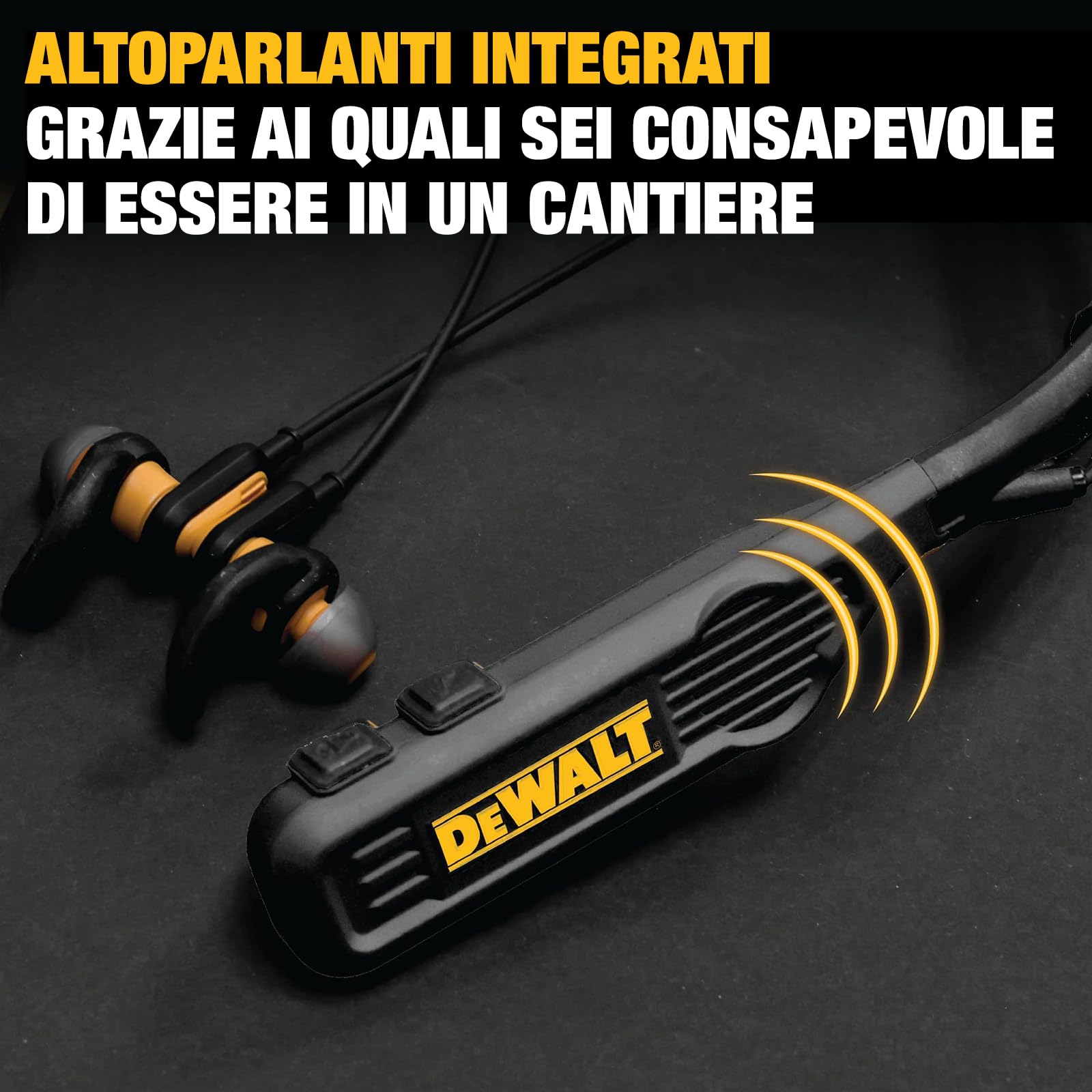 DEWALT Cuffie Bluetooth Neckband 2-in-1 Heavy Duty, Auricolari Wireless con Altoparlanti Integrati, 60+ Ore Autonomia Microfono HD, IP56 Impermeabili, Ideali per Cantiere, Officina e Outdoor Nero