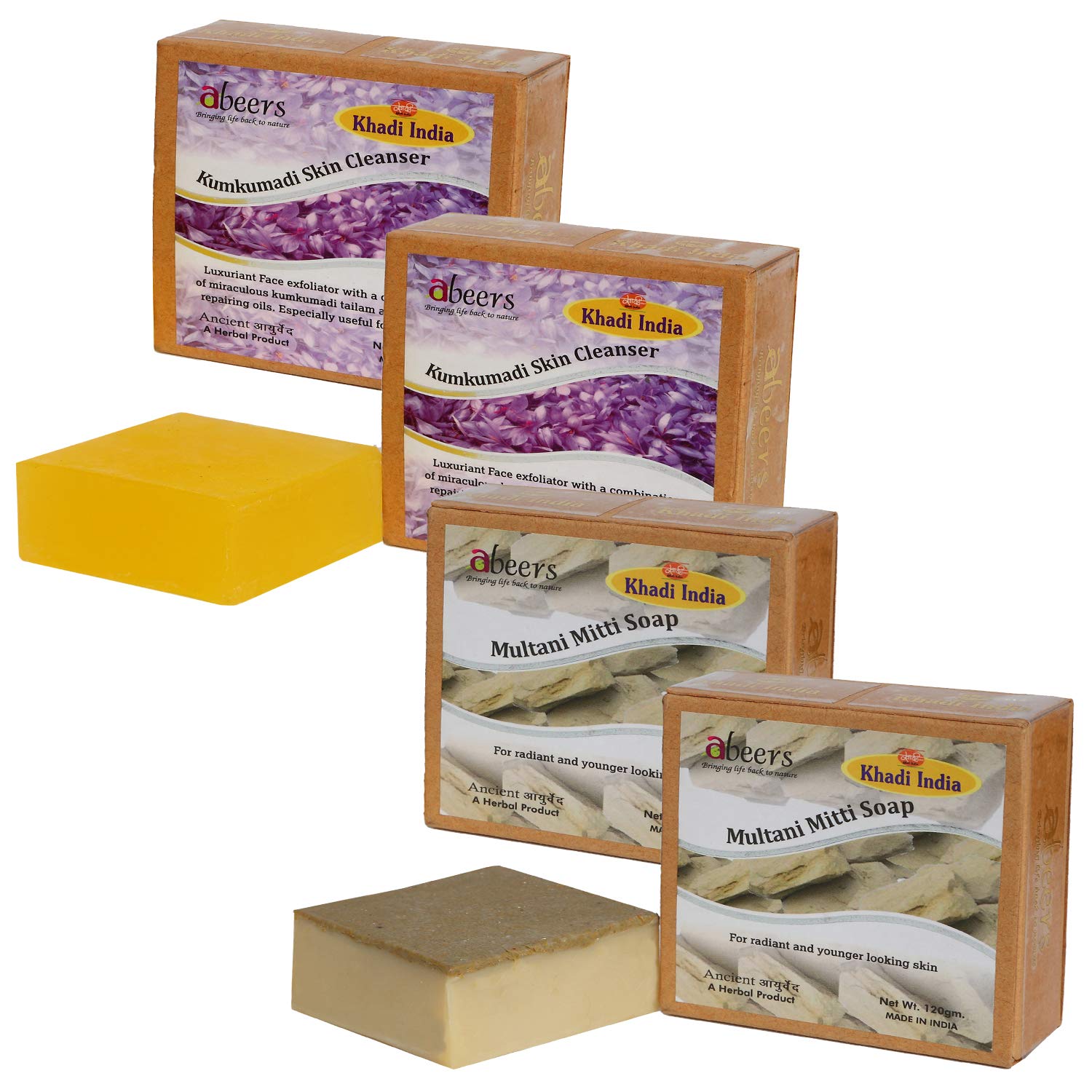 Khadi Abeers Kumkumadi Skin Cleanser & Multani Mitti Luxury Soap, 120 g (Pack of 4)