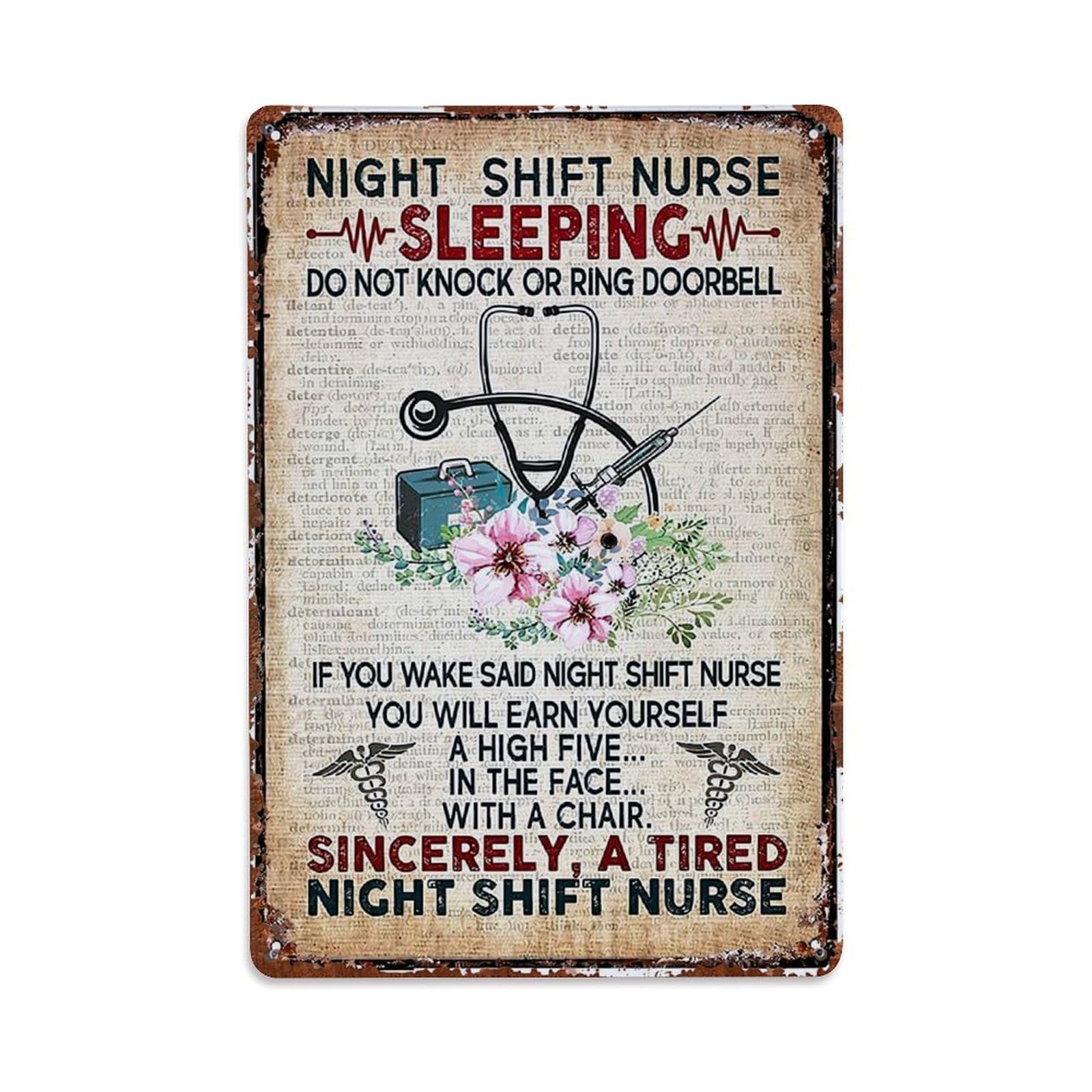 Jdfenggu Vintage Night Shift Nurse Sleeping Sign Retro Metal Tin Sign, Decor Art Poster For Bar, Home, Man Cave, Kitchen, Laundry Room Gift 8X12inch