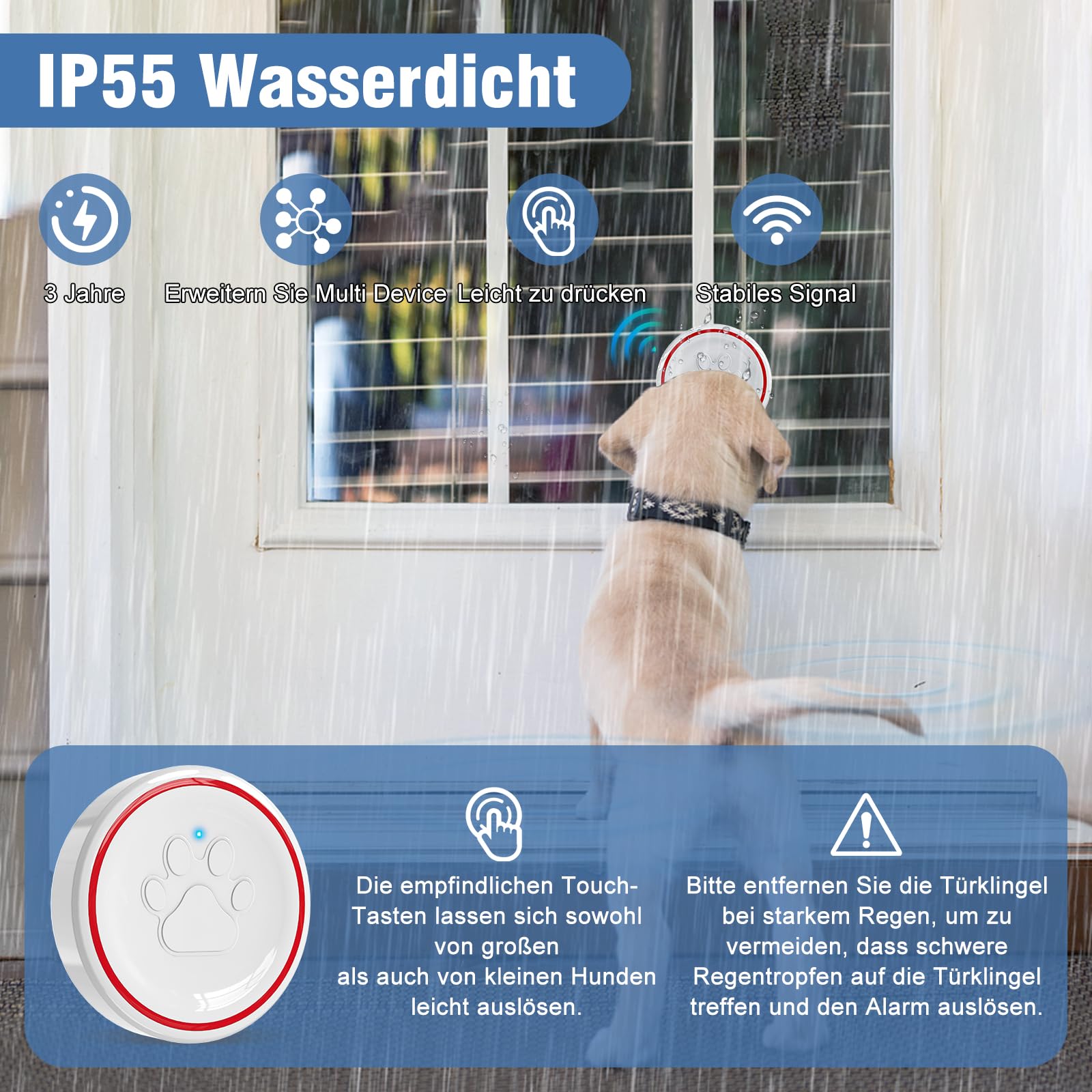 ChunHee Wireless Campanello per Cani Cane/Campanellino Animali Domestici/Funzionamento a 500 Piedi con IP55 Pulsante a Sfioramento Impermeabile 52Melodie 5Livelli di Volume Flash LED