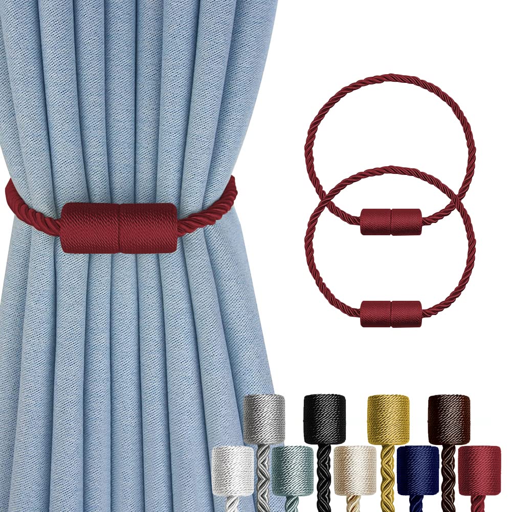 XDerlin 2 Pack Strong Magnetic Curtain Tiebacks Outdoor Decorative Tie Backs Modern Rope Tiebacks Modern Handmade Tie Backs Decorative Curtain Holdbacks for raperies- Burgundy