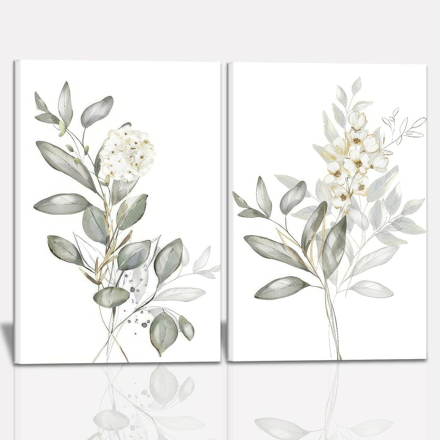 Framed Nature Botanical Wall Art Set of 2, White Floral with Green Eucalyptus Leaves Canvas Prints, Modern Minimalist Flower Painting Picture For Kitchen, Bedroom, Dining Room,Bathroom Decor, 16x24IN White Floral 16"L x 24"W