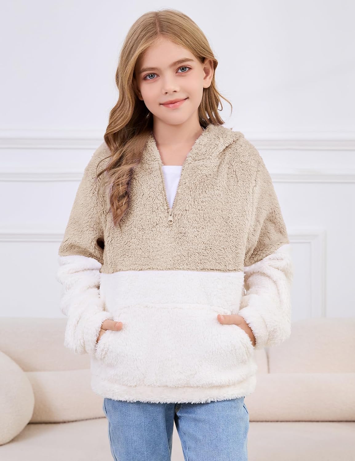 Flygo Girls Fuzzy Sherpa Hoodie Fleece Pullover Quarter Zip Hoodies Fluffy Sweaters Casual Long Sleeve Sweatshirt 5-14Years - Image 2
