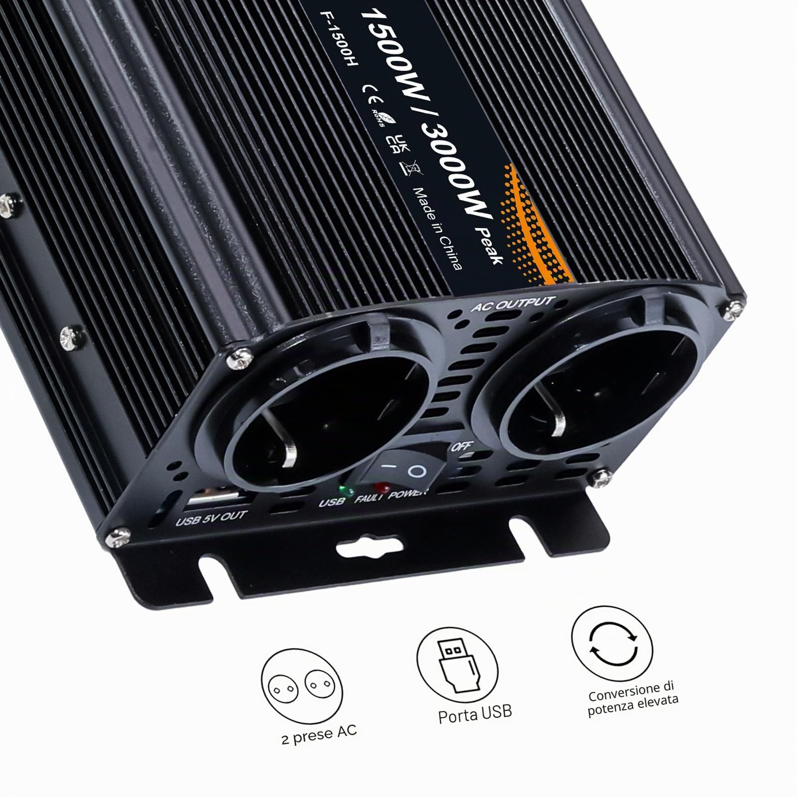 Trasformatore di tensione 12 V 230 V 1500 W / 3000 W Inverter LCD | convertitore di corrente con 2 prese 1 USB