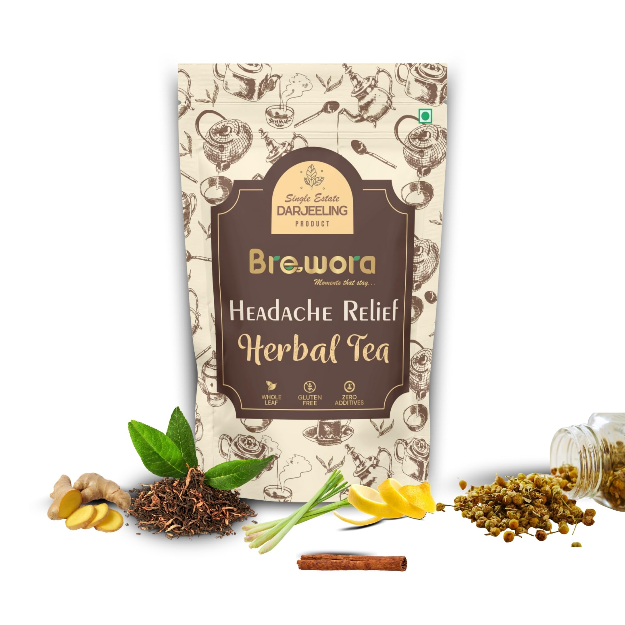Brewora Headache Relief Herbal Tea | Herbal Loose Leaf Blend for Tension & Clarity | Natural Comfort & Wellness Support | Smooth Herbal Taste | (200 gm)