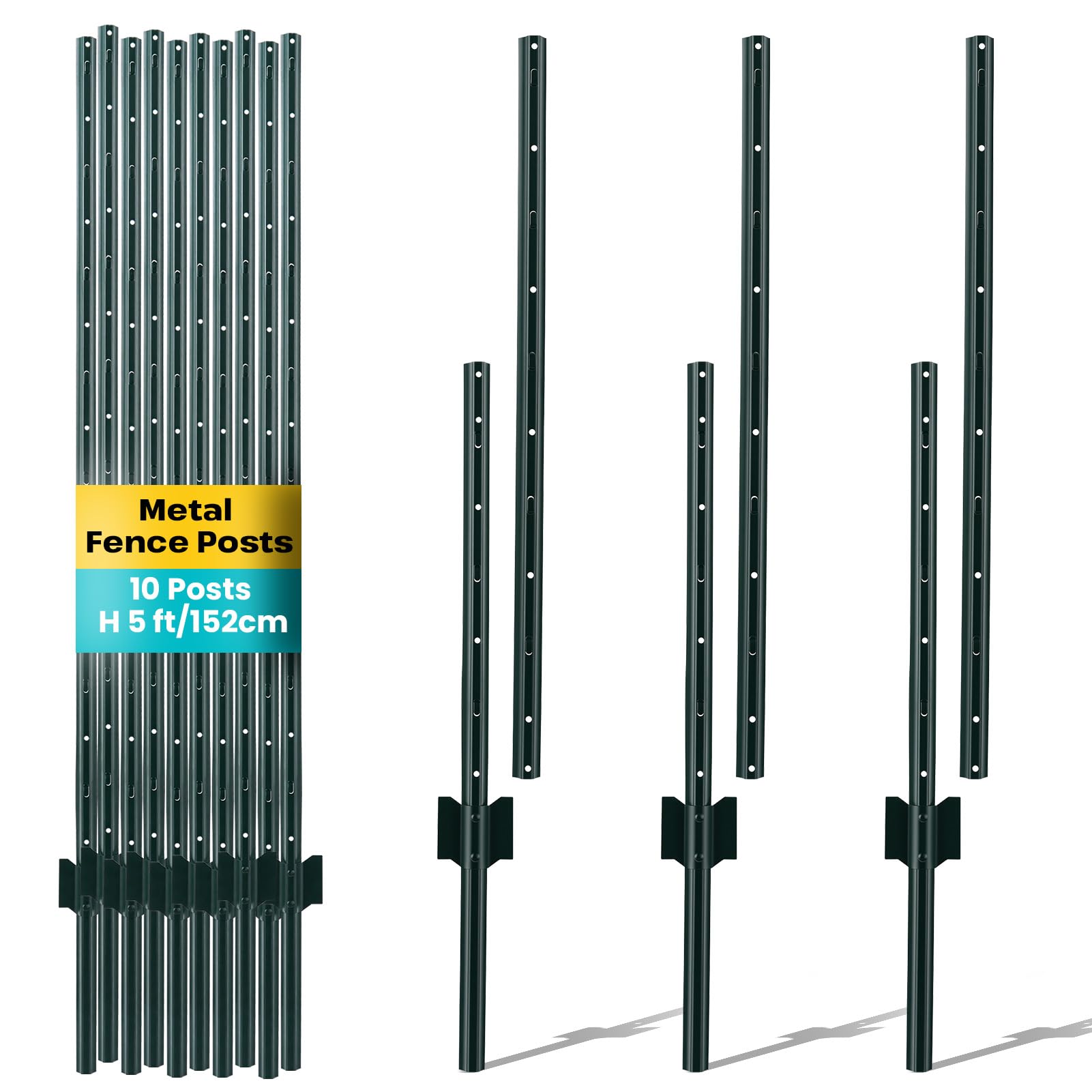 Ankishi 10 Pack Metal Fence Posts 5 FT (152CM) - Heavy Duty Steel Fencing Stakes & Garden Posts for Wire Mesh, Farm, Yard Boundary - Rustproof Ground Anchor Poles (Netting Not Included)