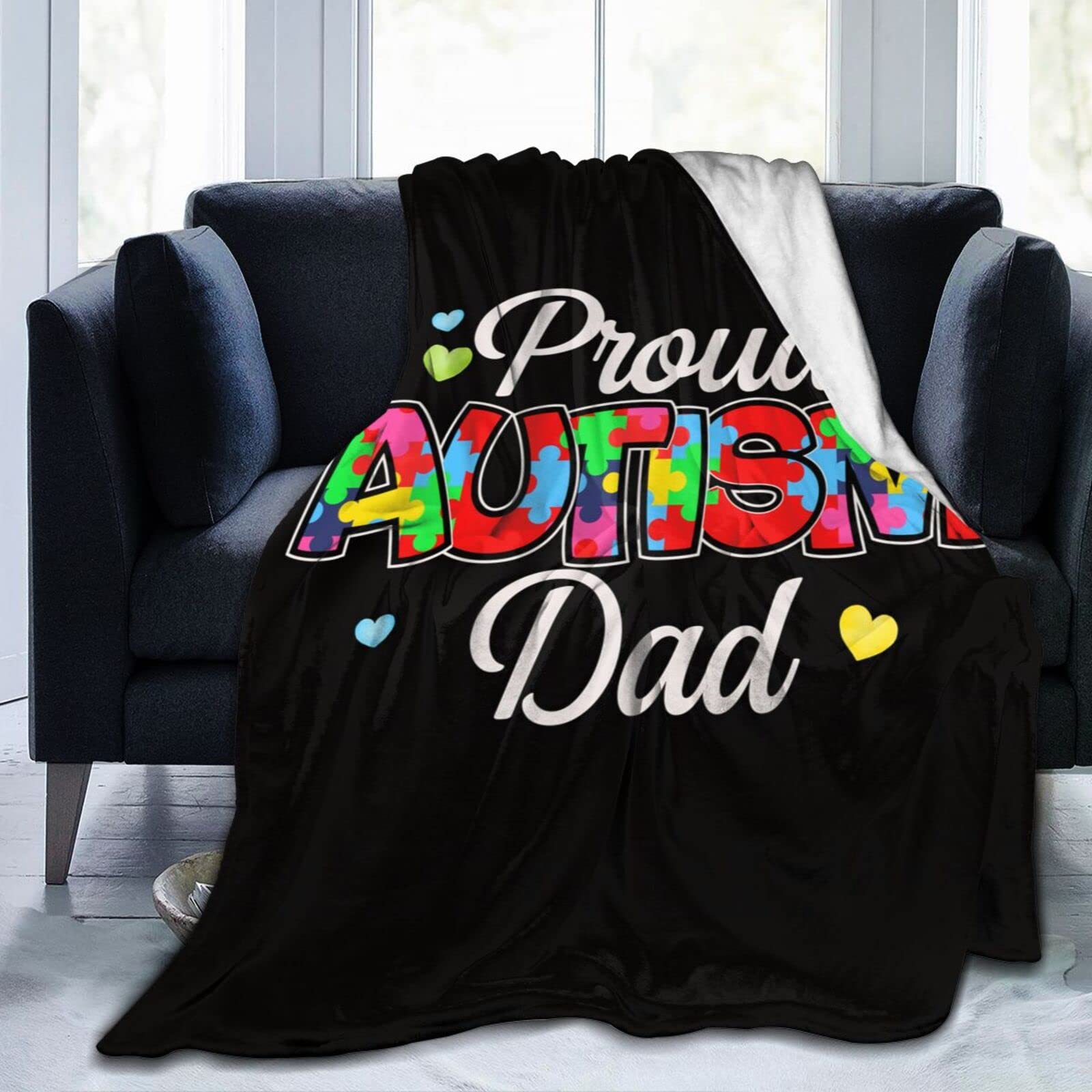 Lsjuee Proud Autism Dad Throw Blanket Warm Cozy Lightweight Blankets Soft Flannel Blanket for Sofa Couch Bed Office 50"X40"
