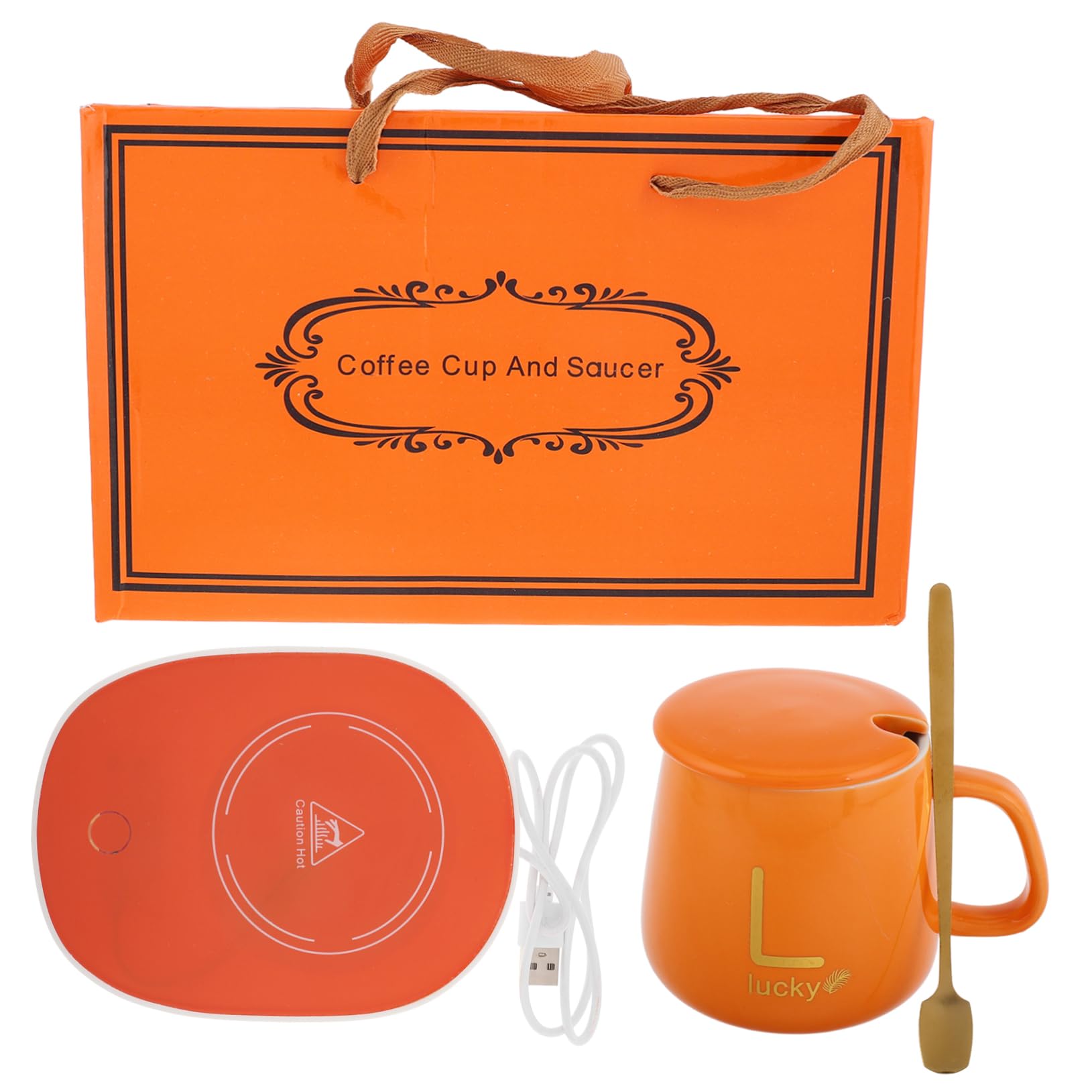 Calentador Taza Eléctrico con Set Taza Naranja Mantenedor Temperatura para Café Té Cacao Leche con Caja Regalo para Cumpleaños y Navidad