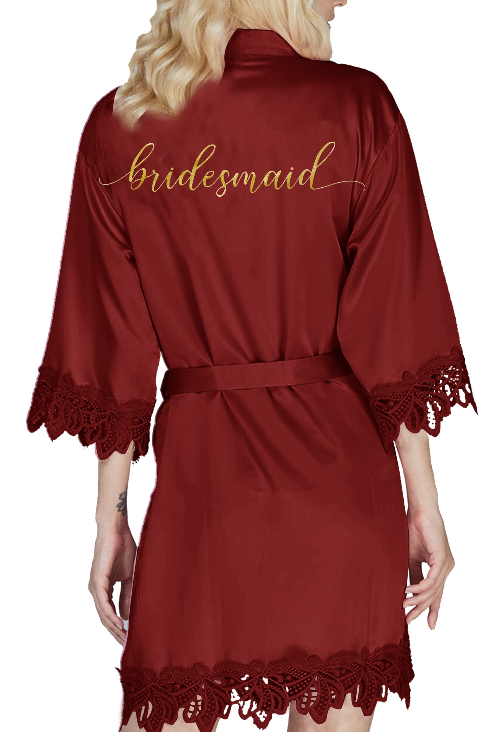 Y Wjing Yi Jia Women's Burgundy-B Bride Robe - Kimono Robes Satin Bridal Morning Silk Lace Trim Dressing Gown - Monograms