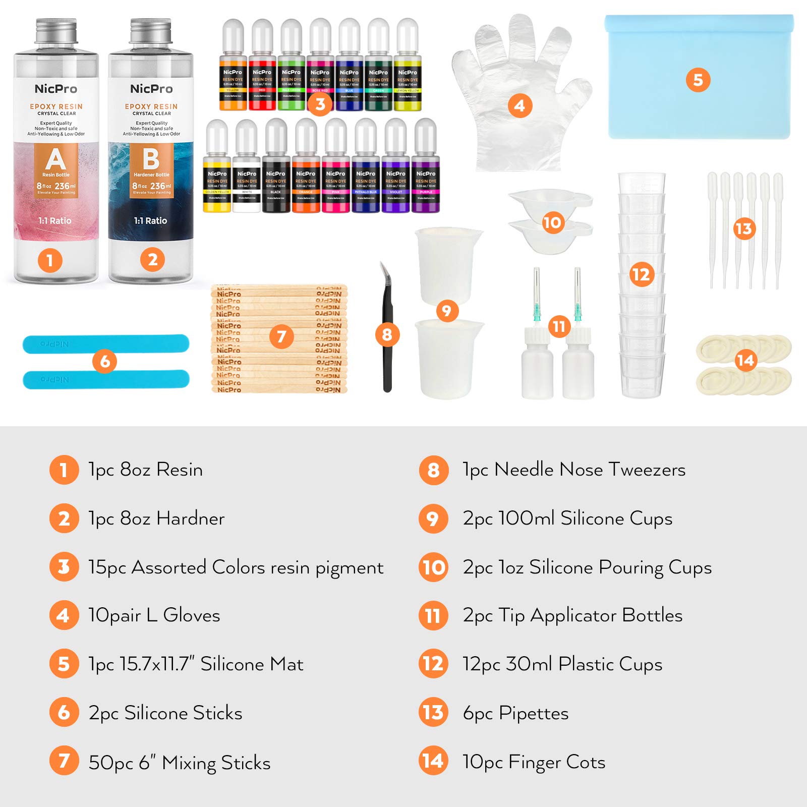 Nicpro 16 oz Epoxy Resin Kit Supplies with 15 Colors Liquid Resin