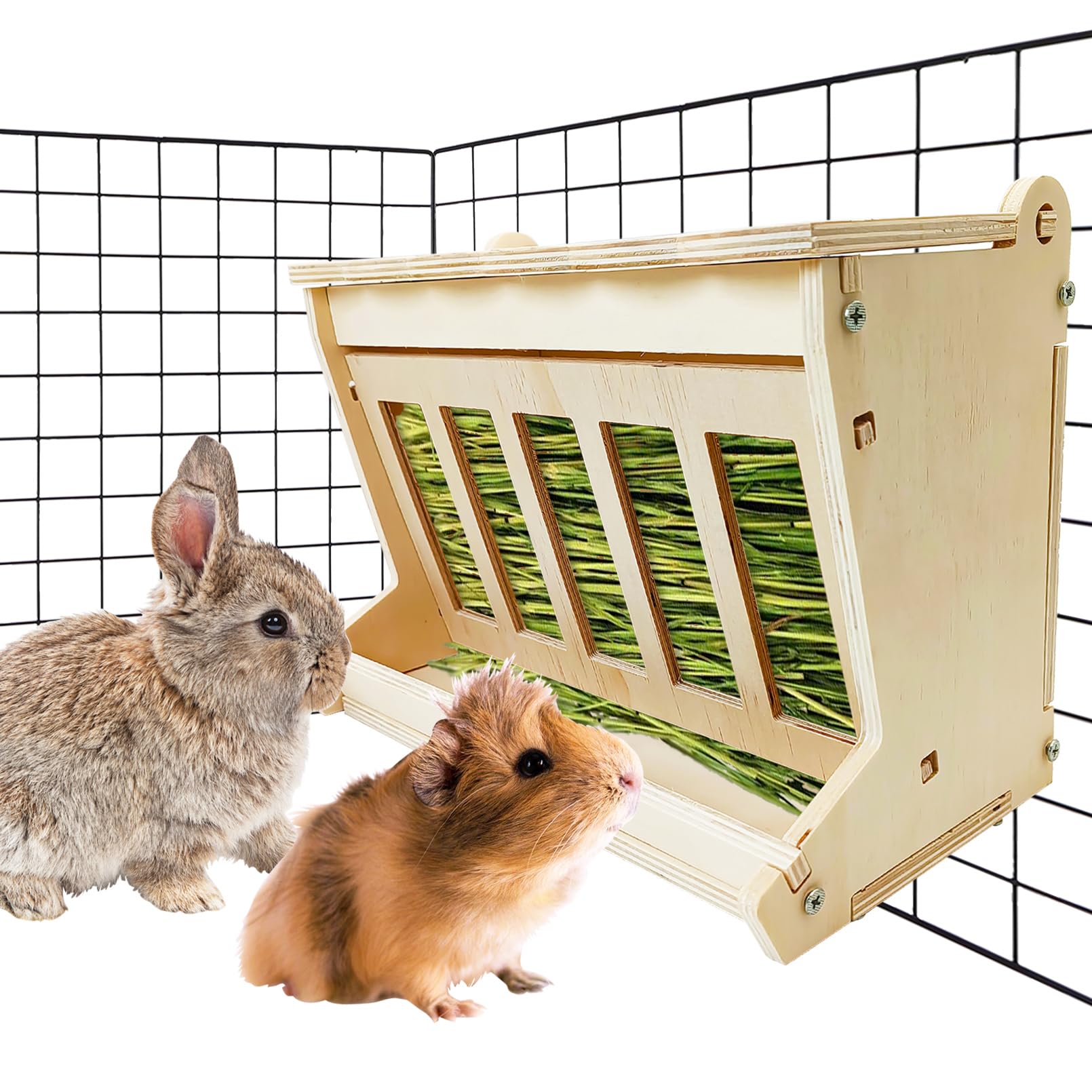 kathson Rabbit Hay Feeder Wooden Bunny Hay Rack Guinea Pig Hay Holder Chinchilla Hay Manger for Hamster Ferrets and Other Small Animals