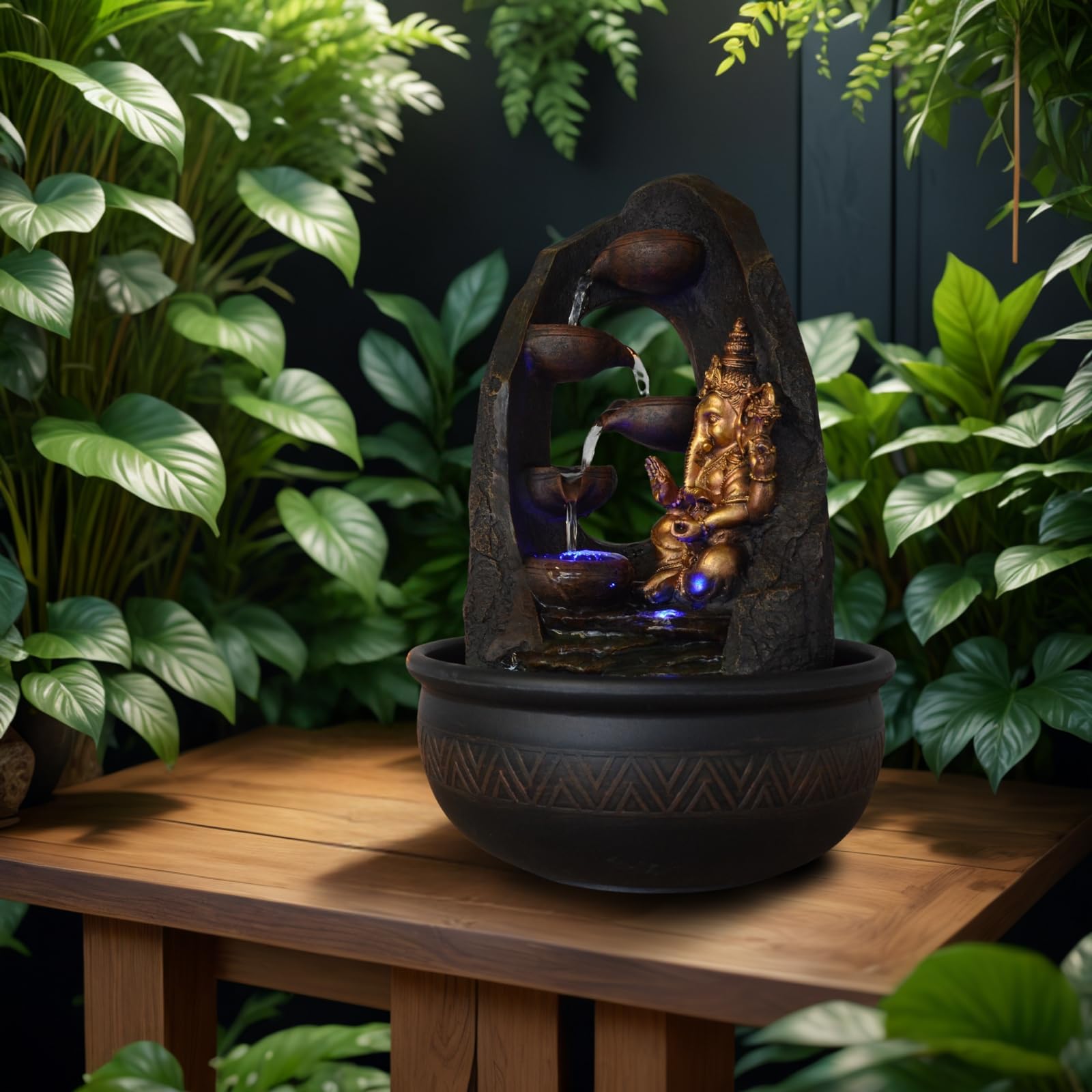 Buddha Ganesh Innenbrunnen mit farbenfrohen LED -Licht - Feng Shui Zen Dekoration - Bed -Träger - H 40 cm - Mystic Zen'light