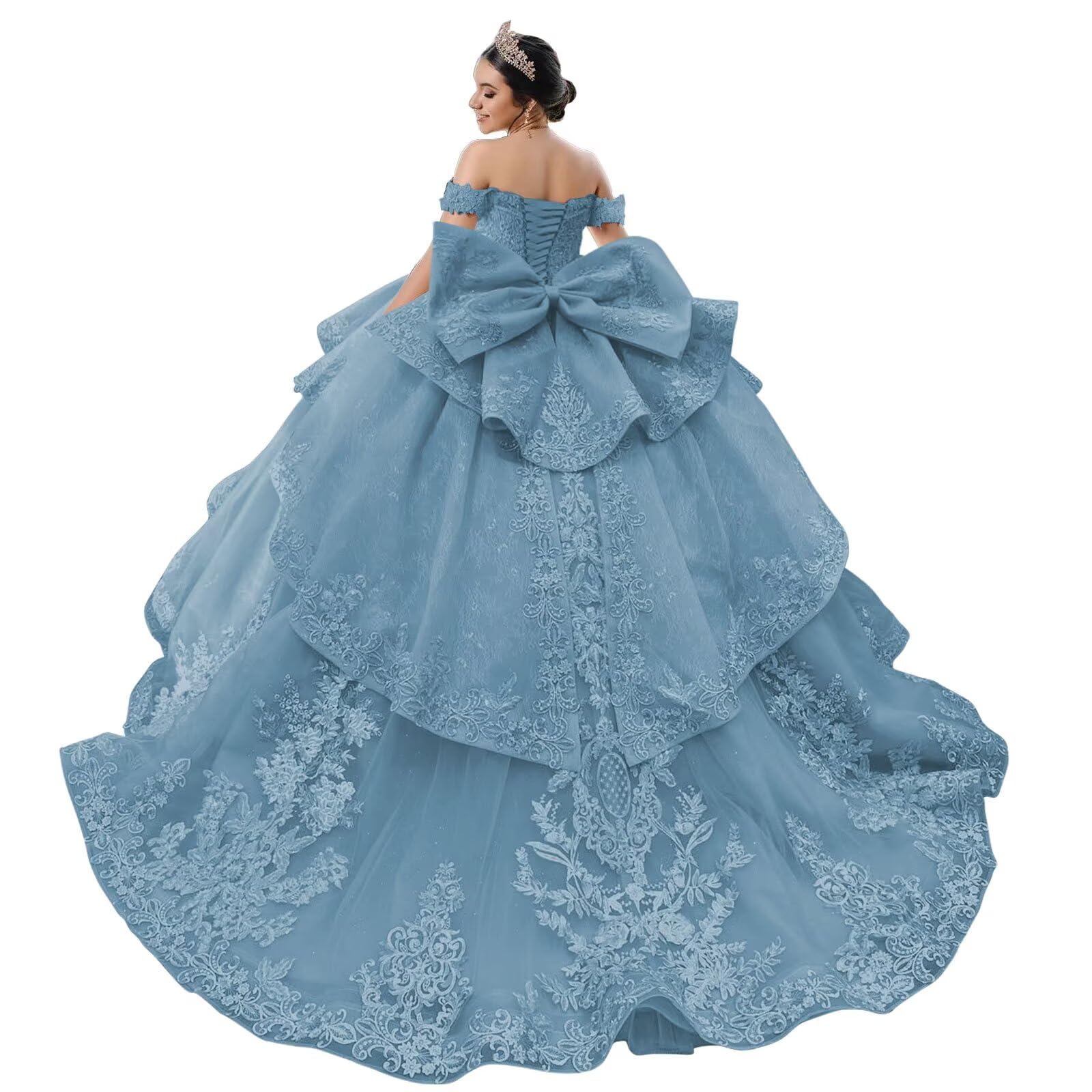 Mouccy Lace Quinceanera Dresses Ball Gown Puffy Beaded Sweet 16 Dresses with Ruffles Off Shoulder Pageant Dresses with Bow