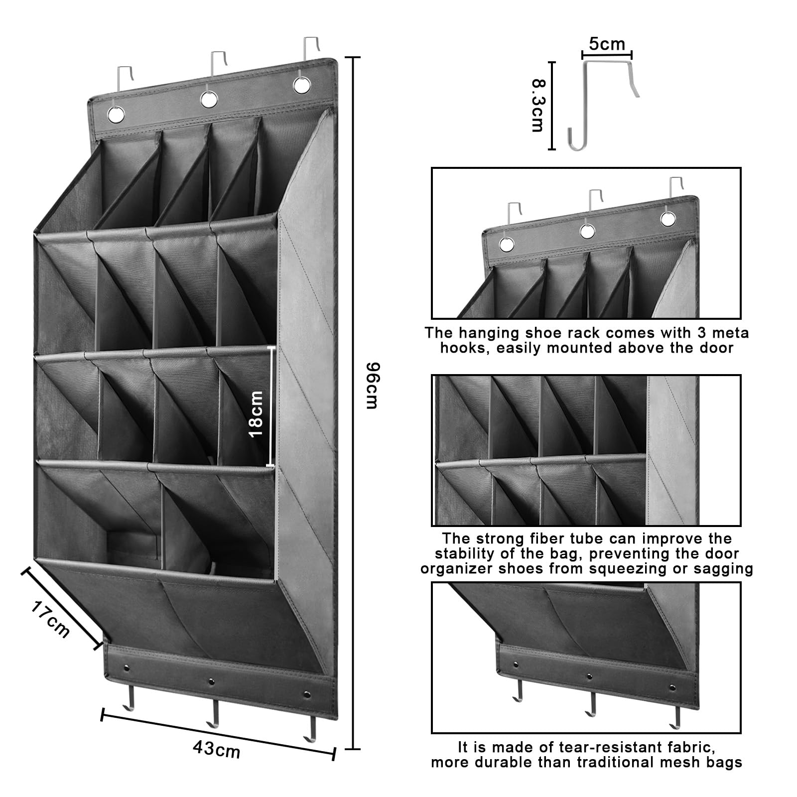 Scarpiera porta, scarpiera da appendere, organizer da appendere con 6 ganci, porta scarpe con 14 tasche profonde per scarpe, accessori per la casa, ecc. (grigio)
