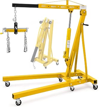 GarveeTech Engine Hoist with Lever, 2 T 4000 Lbs Heavy Duty Folding Cherry Picker Engine Lift Hydraulic Tilting Engine Shop Crane with 6 Iron Caster Wheels Telescopic Boom Hitch, Yellow