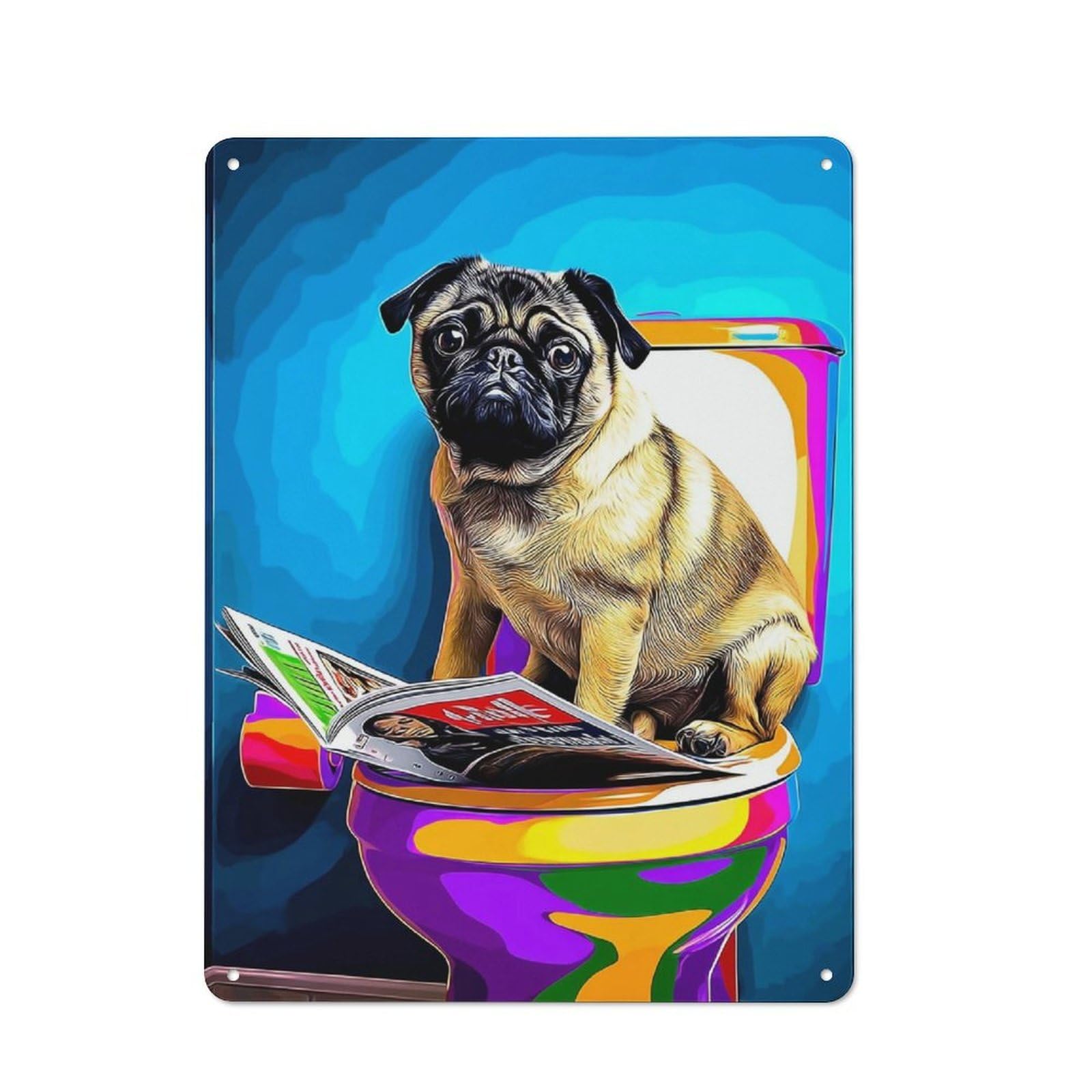 Junmoney Pug In Colorful Chair With Magazine 40X30cm Rustic Metal Plaque With For Café Or Restaurant, For Themed Interiors In Cafés And Restaurants
