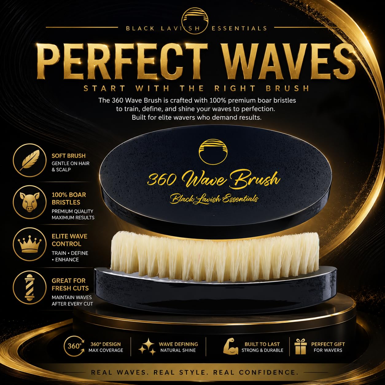Cepillo ondulado 360, crea ondas más profundas, cerdas de jabalí suaves y duras (negro, cepillo suave)