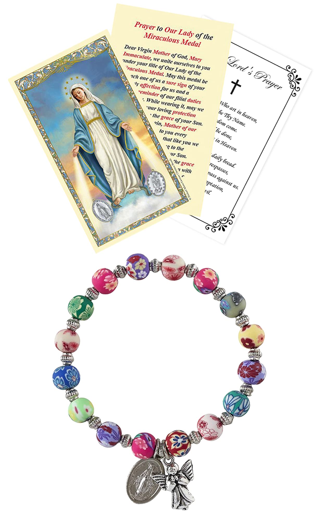 Miraculous Medal Bracelet with Miraculous Medal Prayer Card, The Lord's Prayer Card - Stretch Miraculous Bracelet with Guardian Angel Dangle - Miraculous Medal Bracelet For Women Set of 3 Items